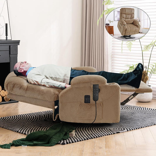 Oversized Dual Motor Lay Flat Power Lift Recliner Chair with Massage, Heating, Lumbar Pillow, USB & Type-C Ports, Textile Lift Chairs Recliners, Large Recliner for Big & Elderly People - Beige