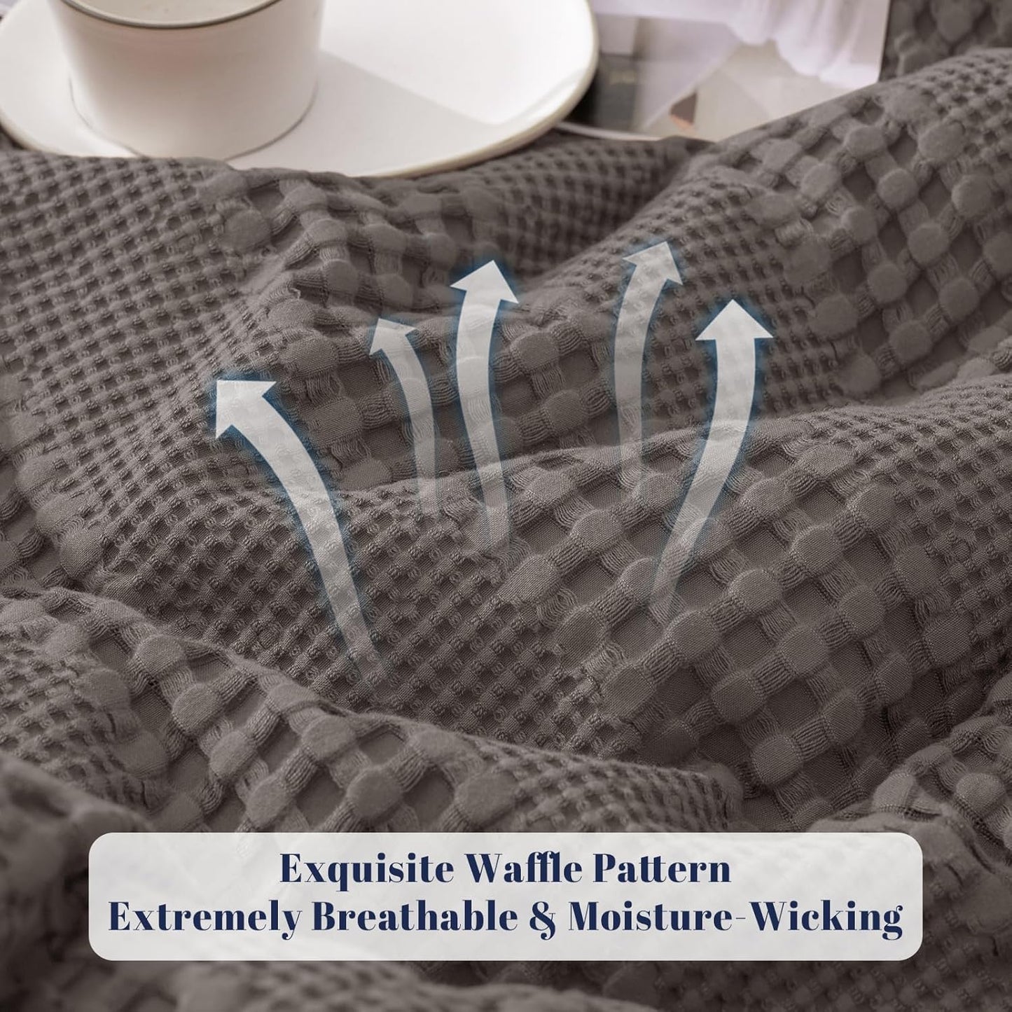 PHF Cooling Waffle Blanket Queen Size, Lightweight 60% Rayon Derived from Bamboo & 40% Cotton Breathable Blanket for Hot Sleepers, Soft and Luxury for Bed Couch and Sofa, 90"x90", Dark Grey