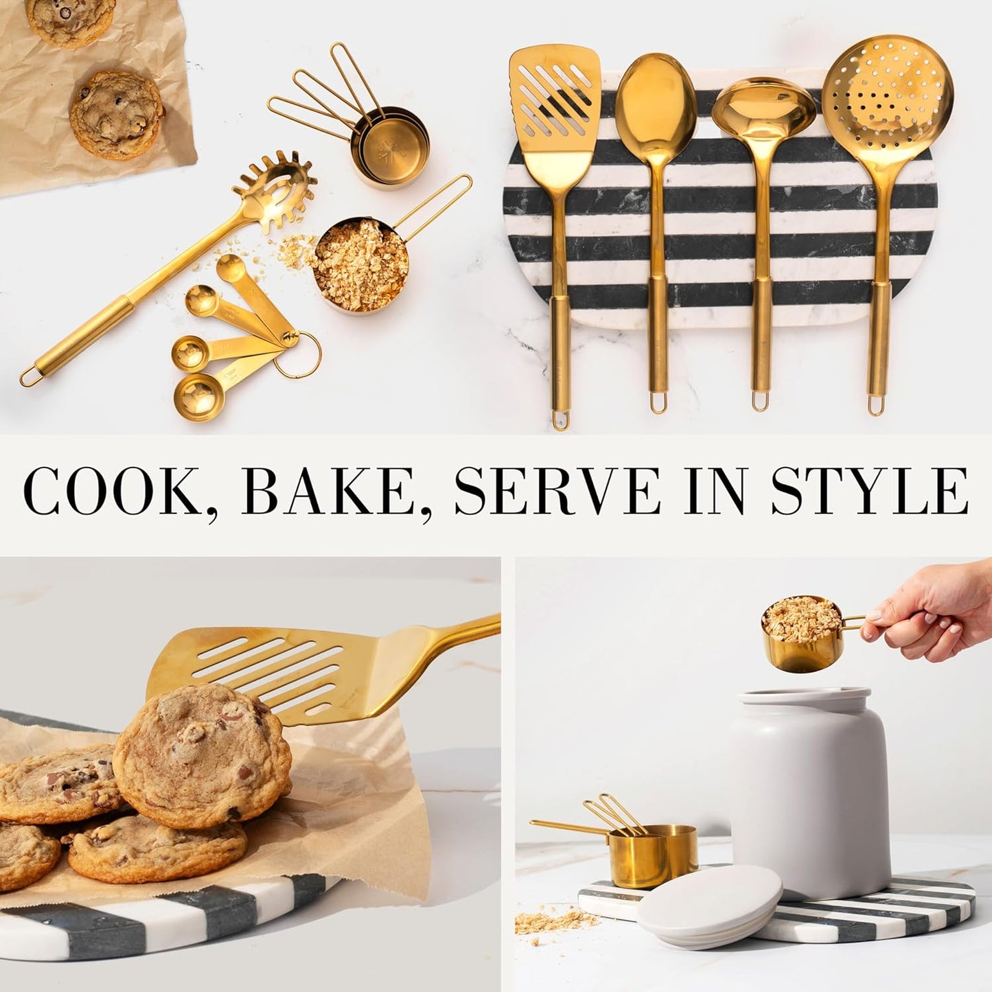 Gold Cooking Utensils with Measuring Cups and Spoons Set - 13-Piece Luxury Gold Kitchen Accessories Includes Metal Measuring Cups and Spoons for Baking, Cooking, and Elegant Kitchen Decor