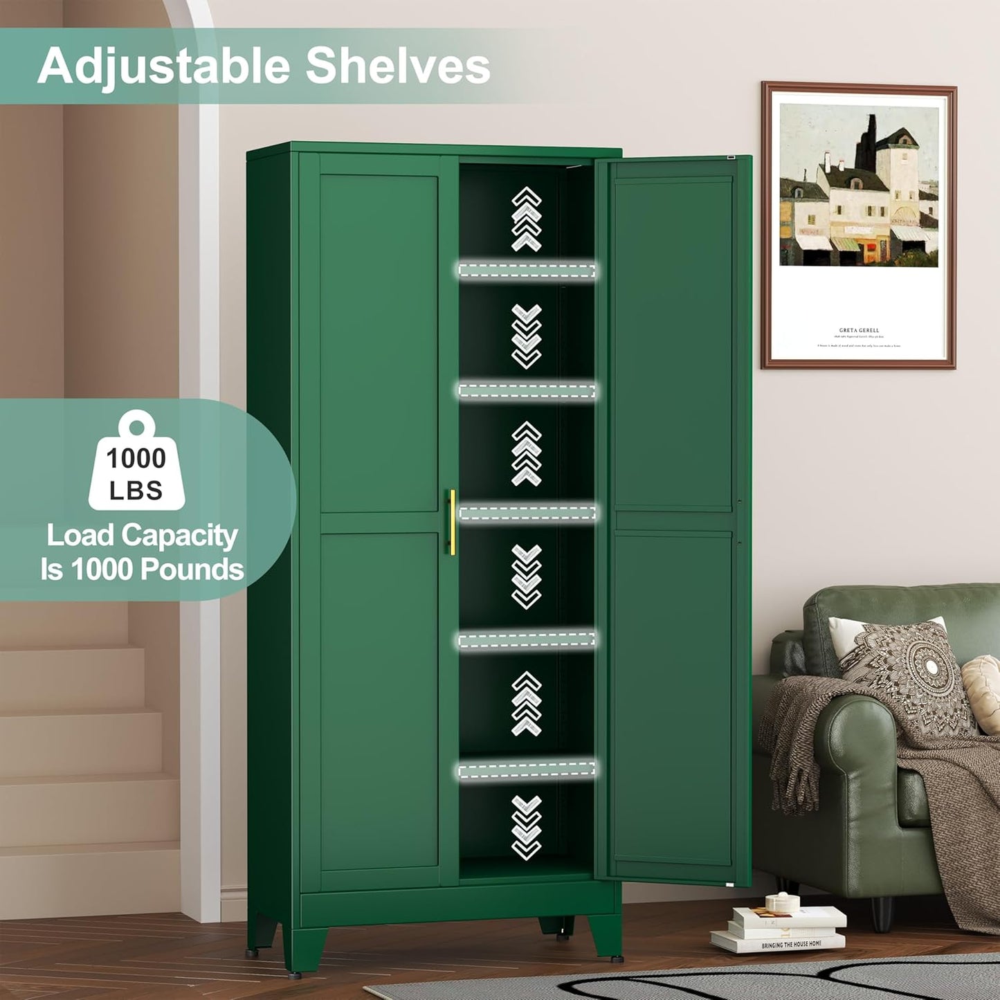 Metal Pantry Cabinet with 2 Doors and 5 Adjustable Shelves, 75" Kitchen Storage Cabinet with Gold Handles, Versatile Storage for Laundry, Living, Bathroom, Dining, Utility Room - Green