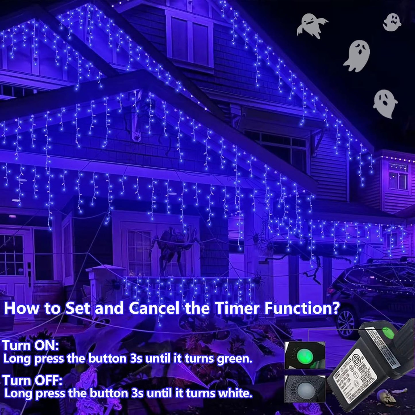 QITONG Blue Icicle Lights for Outside, 66ft 800 LED Halloween Light Indoor with 160 Drops, 8 Modes Clear Wire Connectable Christmas Lights Plug in