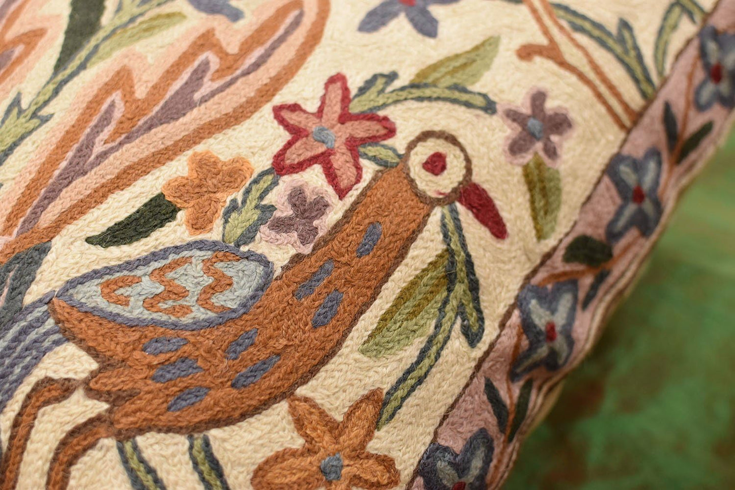 Tree of Life Pillow Cover - Crane Cream Floral Outdoor Pillows | Suzani Cushions | Modern Floral Cushion Hand Embroidered Shams Wool Size - 18x18