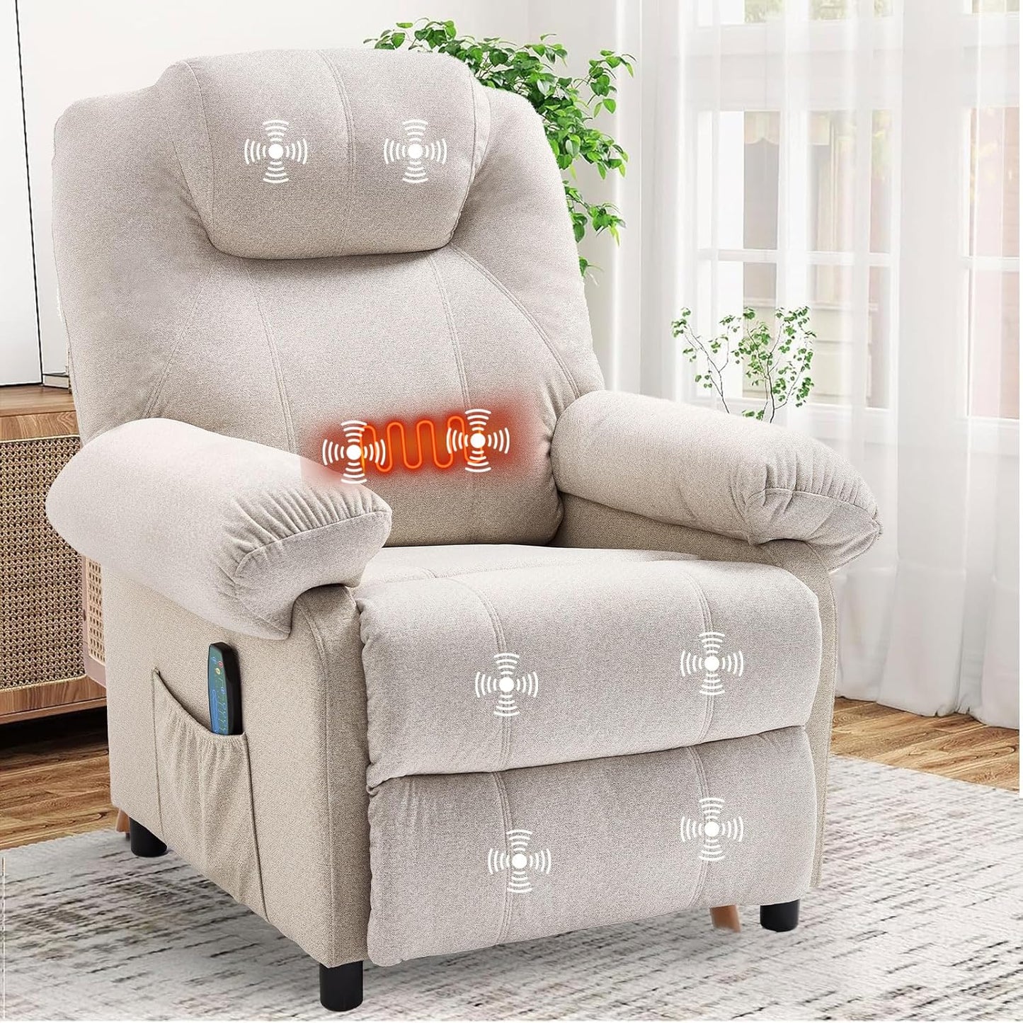 KCREAM Massage Chair Recliner with Heating,Recliner Chair for Adults,Small Recliners for Small Spaces Overstuffed Reclining Chairs Single Sofa Recliners with Side Pocket for Living Room,Fabric Beige
