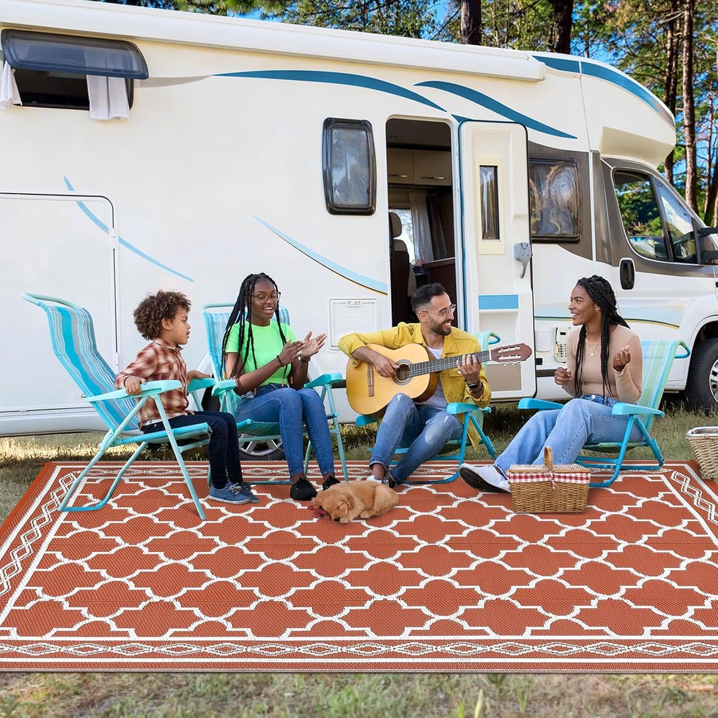 GAOMON Outdoor Plastic Straw Rug, 10'x20' Reversible Sage Green Patio Mat, Flower Modern Design for RV, Backyard, Deck, Camping, Picnic, Orange/White(Geometric)