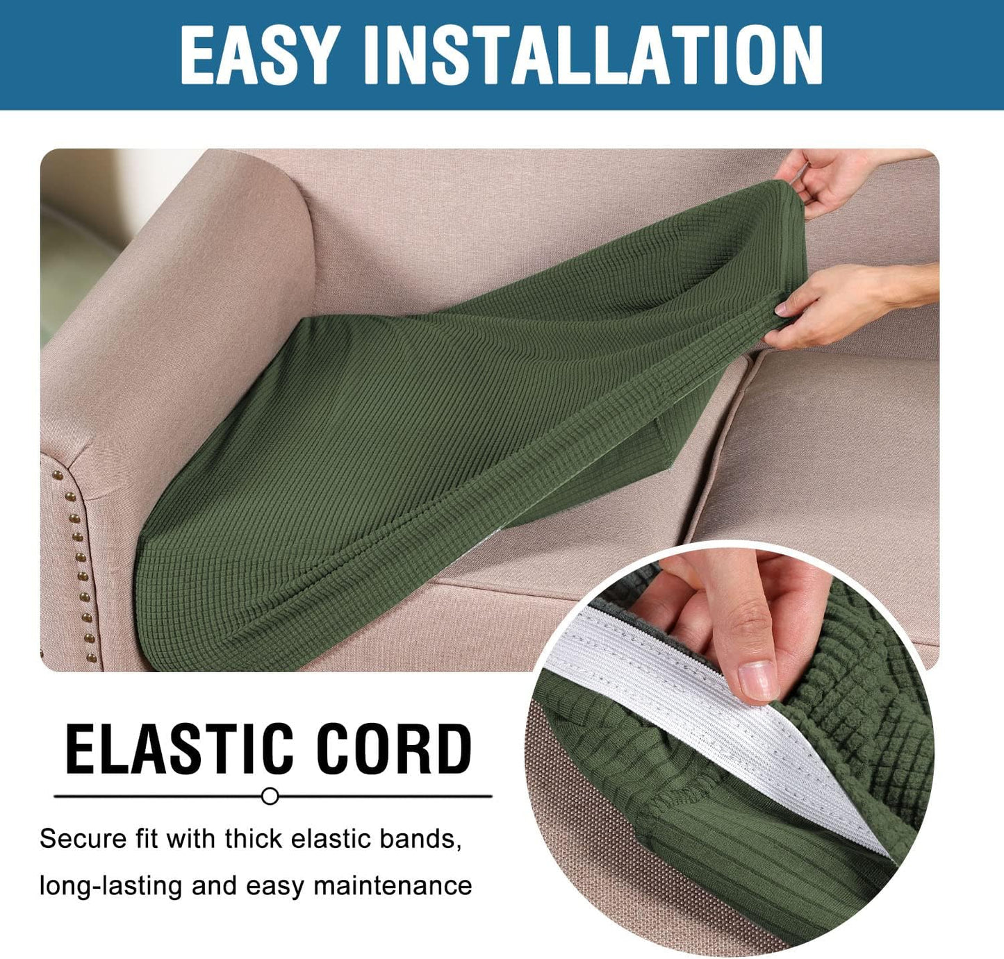 H.VERSAILTEX Super Stretch Individual Seat Cushion Covers Sofa Covers Couch Slipcover Sets Thick Jacquard Textured Twill Fabric (3 Piece Sofa Cushion Covers, Bronze Green)