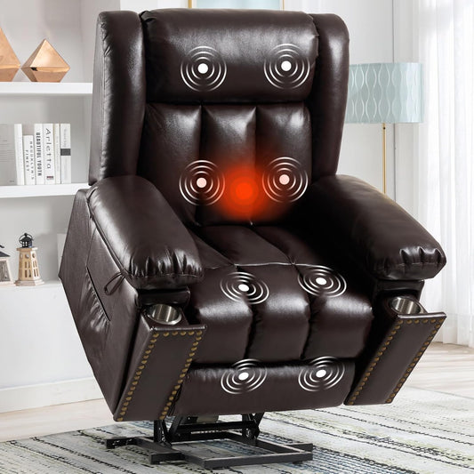 Electric Power Lift Recliner Chair for Elderly with Heat & Massage, Large Breathable Leather Reclining Chairs w/2 Concealed Cup Holders for Seniors Home Living Room,Bedroom,1PC,Brown