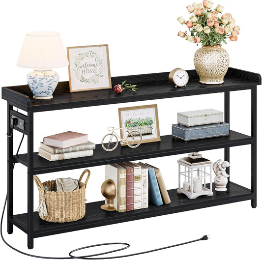 IRONCK Console Table, Sofa Table with Power Outlet, Farmhouse Hallway Table for Entryway, Living Room, Height Adjustable, Easy Assembly, Vintage Black,55"
