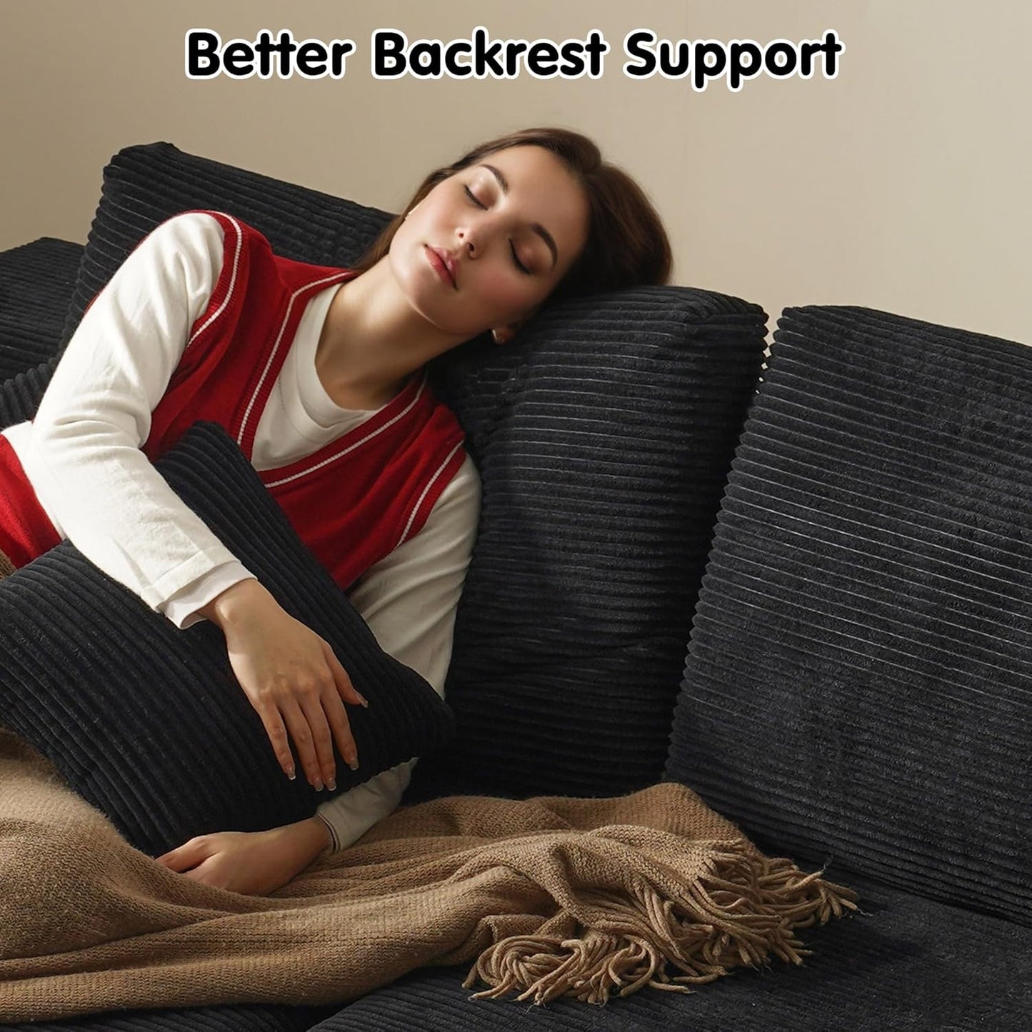 ovios 81" Oversized Sectional Double Lounge Chaise with Cloud Plush Sofa Bed, No Assembly Required, Fluffy Modern Sleeper Loveseat Chair for Indoor Living Room Bedroom Reading, Black (Corduroy Fabric)