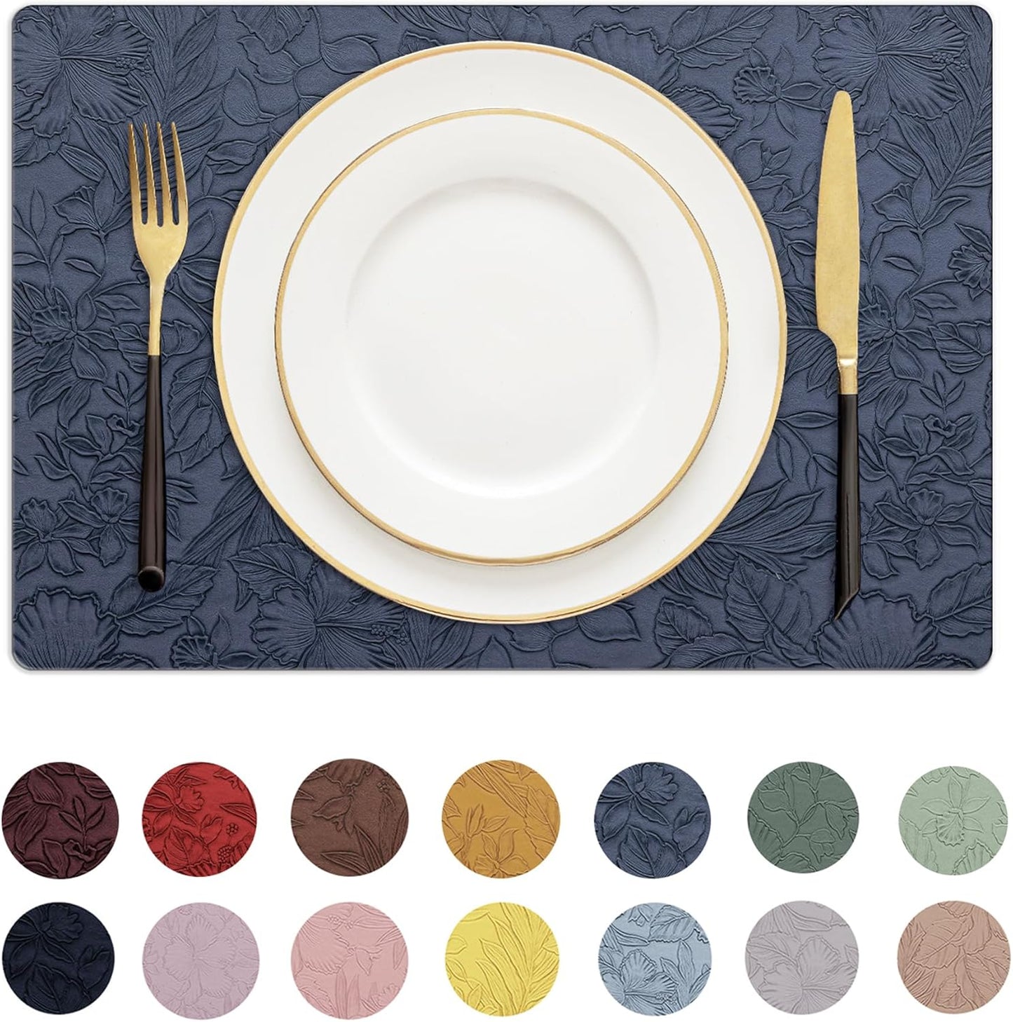 Romanstile Vinyl Placemats Set of 8-12 X 18 Inch - Heat Resistant Non-Slip Embossed Floral Place Mats 100% Waterproof Oilproof Wipeable Faux Leather Table Mats for Kitchen/Dining/Party, Navy Blue