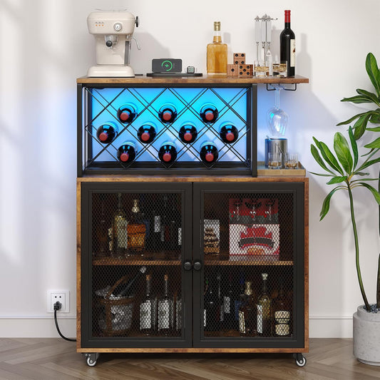 Wine Bar Cabinet with Wheels, 4-Tier Bar Cart with Power Outlets and LED Light, Liquor Cabinet Home Mini Bar with Wine Rack, Coffee Bar Cabinet for Liquor, Rustic Brown