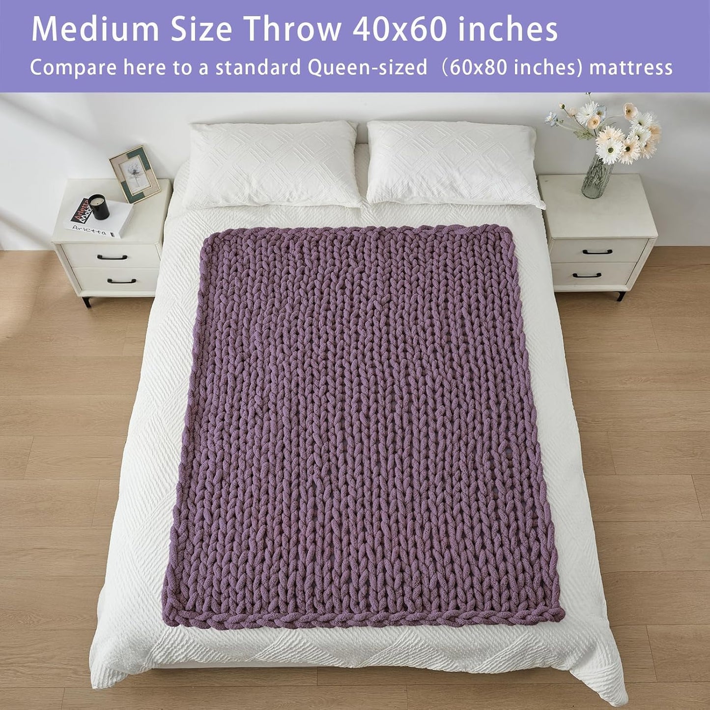 Bigacogo Chunky Knit Throw Blanket for Couch, 40x60 inches, 100% Hand Knitted with Thick Jumbo Chenille Yarn, Cozy Soft Large Rope Knot Cable Crochet Blankets for Sofa Bed Living Room, Winter Grape