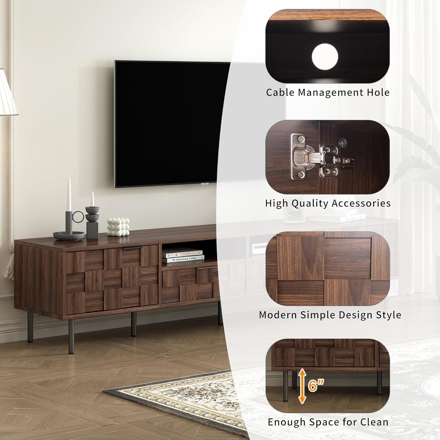 Modern TV Stand for TVs up to 85", Mid-Century Media Console with Checkered Cabinet Doors, Storage Drawers & Open Shelves, Wood Entertainment Center with Metal Legs