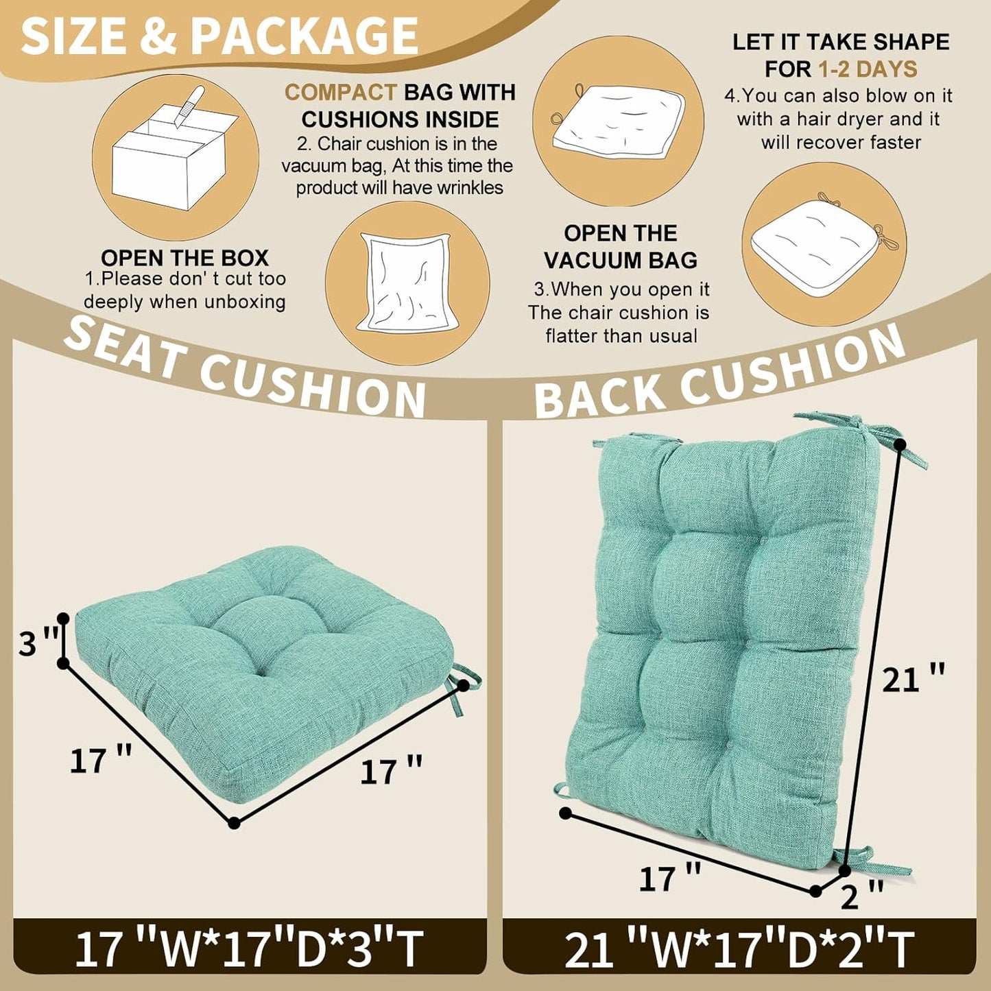 BUYUE Chair Cushion Set for Rocking Chair, Back Pillow & Seat Cushion with Ties, Original Woven Fabric Non-Slip Chair Pads for Elderly Sitting, Light Green