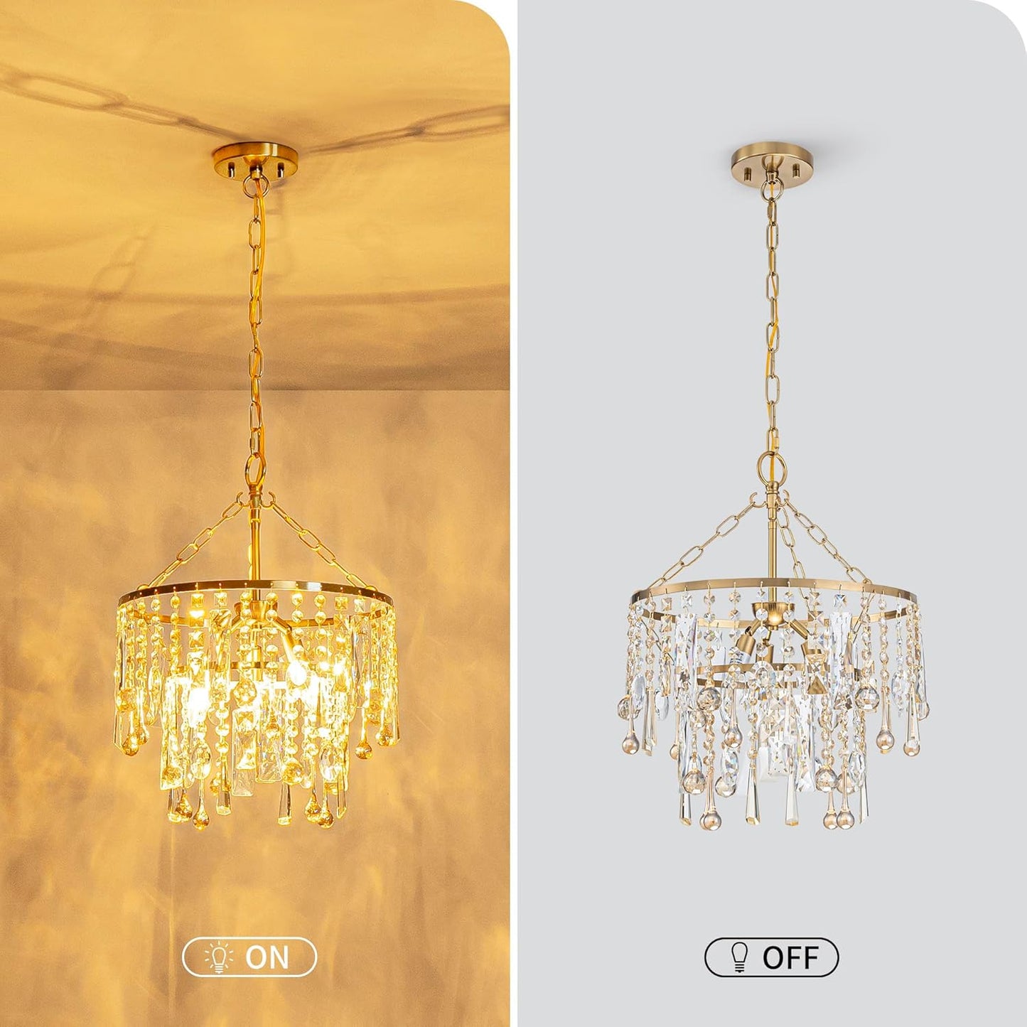 3-Lights K9 Crystal Chandeliers, Luxury Vintage Pendant Light Fixture for Dining Room, Living Room, D15*H20.4~66.8 inch (Adjustable), Clear Crystal & Gold Finish