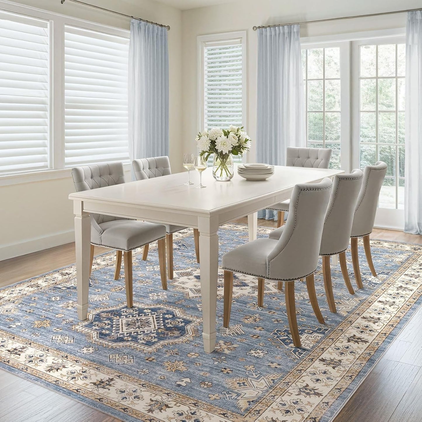 Washable Area Rugs for Living Room - 6x9 Neutral Vintage Distressed Floral Farmhouse Boho Large Soft Floor Rug Indoor Non Slip Carpet for Living Room Bedroom Dining Room Office - Blue