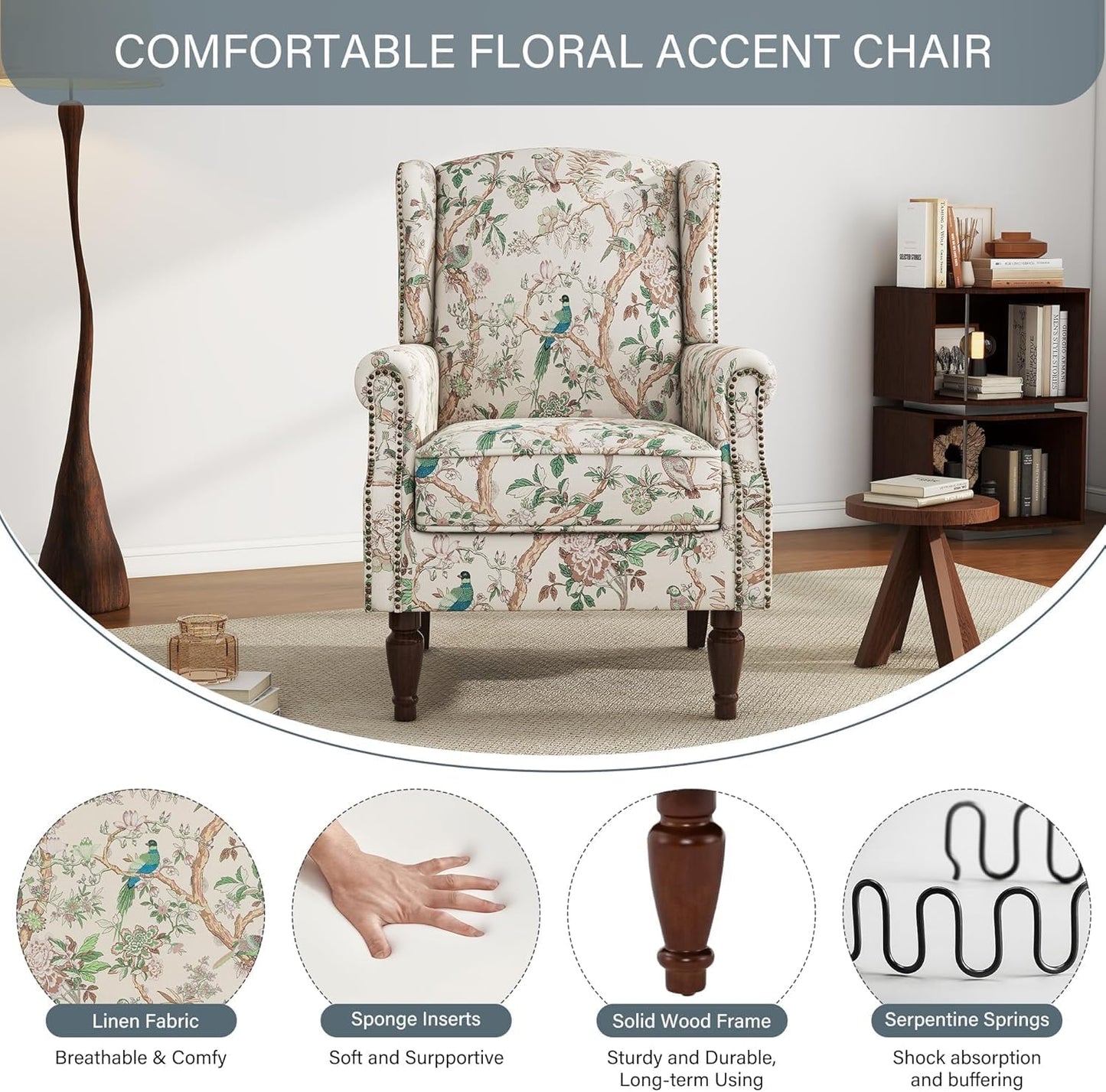 UIXE High Back Floral Accent Chairs Set of 2, Fabric Upholstered Armchair for Living Room, Retro Printed Wingback Arm Chair Rivet Trimed Single Sofa Bedroom Reading Seat - Bird