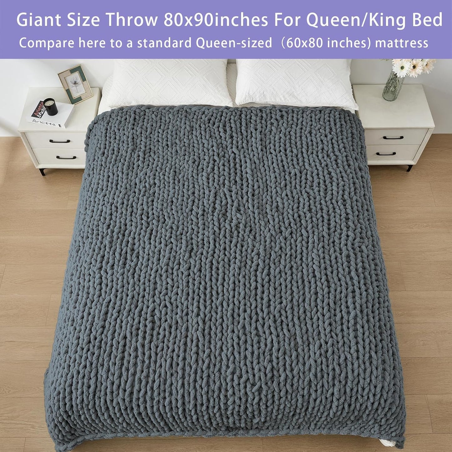 Bigacogo Chunky Knit Throw Blanket for Couch, 80x90 inches, 100% Hand Knitted with Thick Jumbo Chenille Yarn, Cozy Soft Large Rope Knot Cable Crochet Blankets for Sofa Bed Living Room, Iron Gray