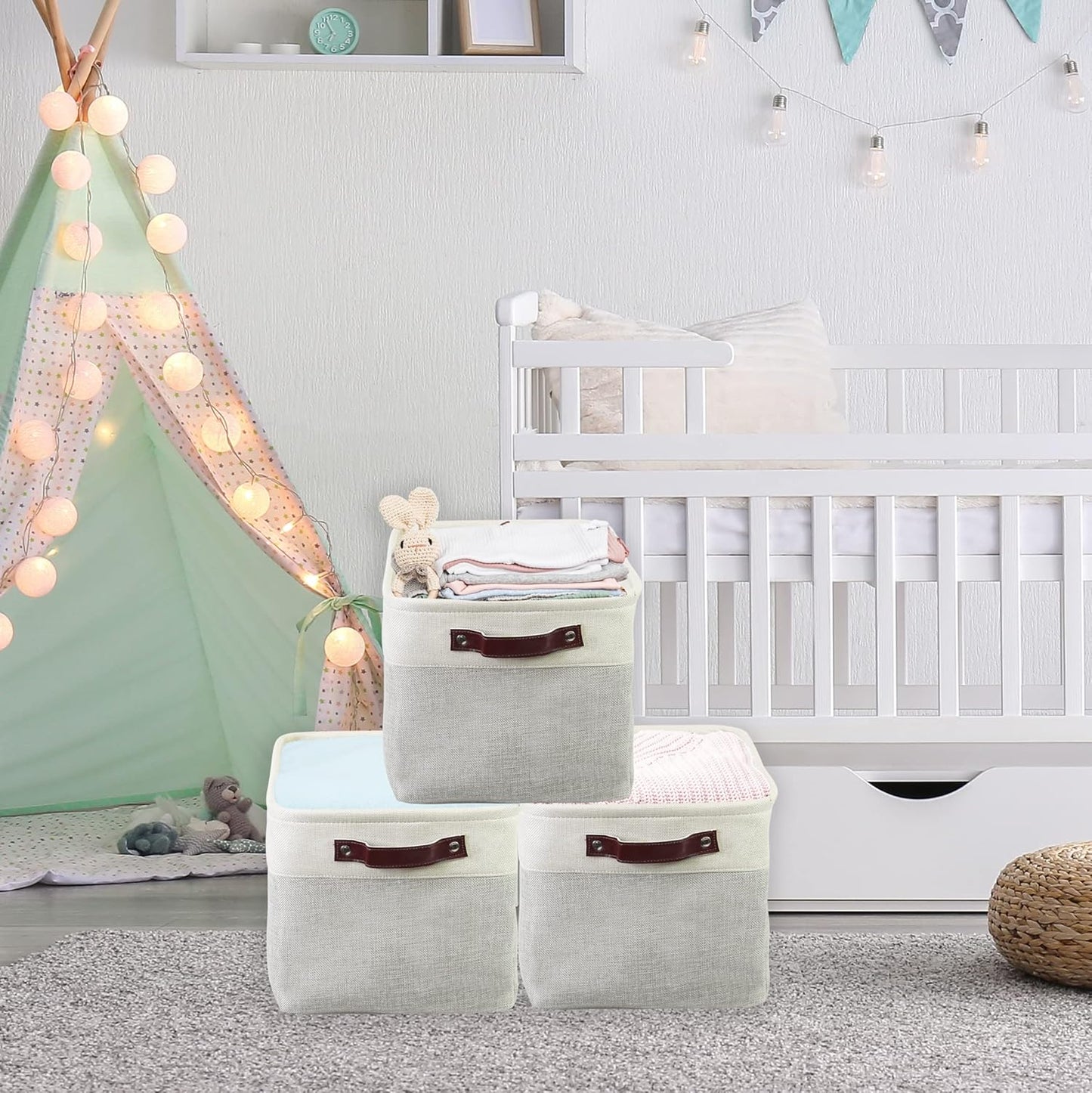 SIMPLE HOUSEWARE Large Fabric Storage Bin, 15" x 11" with Leather Like Handles, 3 Pack, Gray