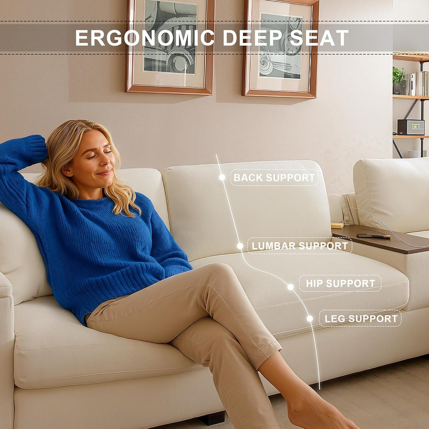 120.3" Modern L-Shaped Sectional Sofa with 360°Swivel Drop-Down Table, Storage Armrest, USB Ports & Movable Storage Ottoman – Plush Linen Cloud Couch for Lounge (Beige)