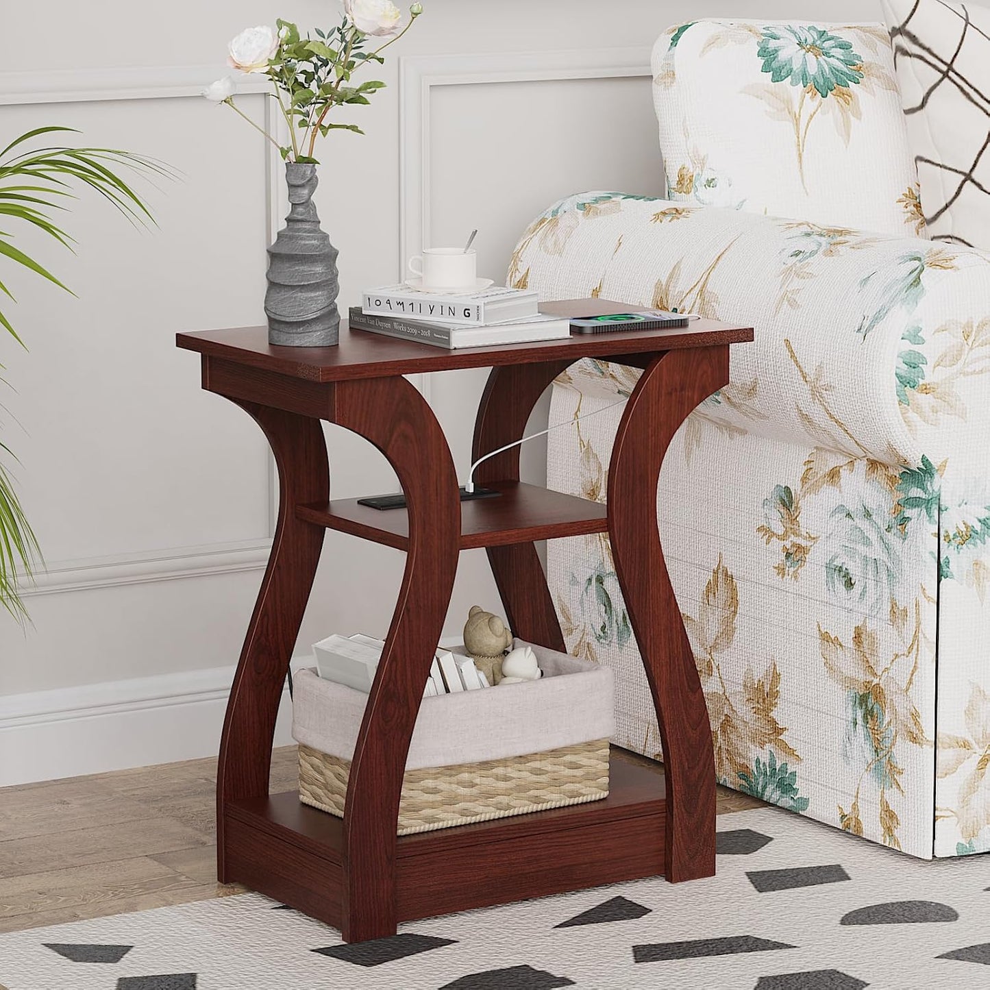 End Tables Living Room Set of 2,Cherry End Table with Charging Station,Side Table, Nightstand for Bedroom, 3 Tier End Table with Storage Shelf for Living Room(Cherry)