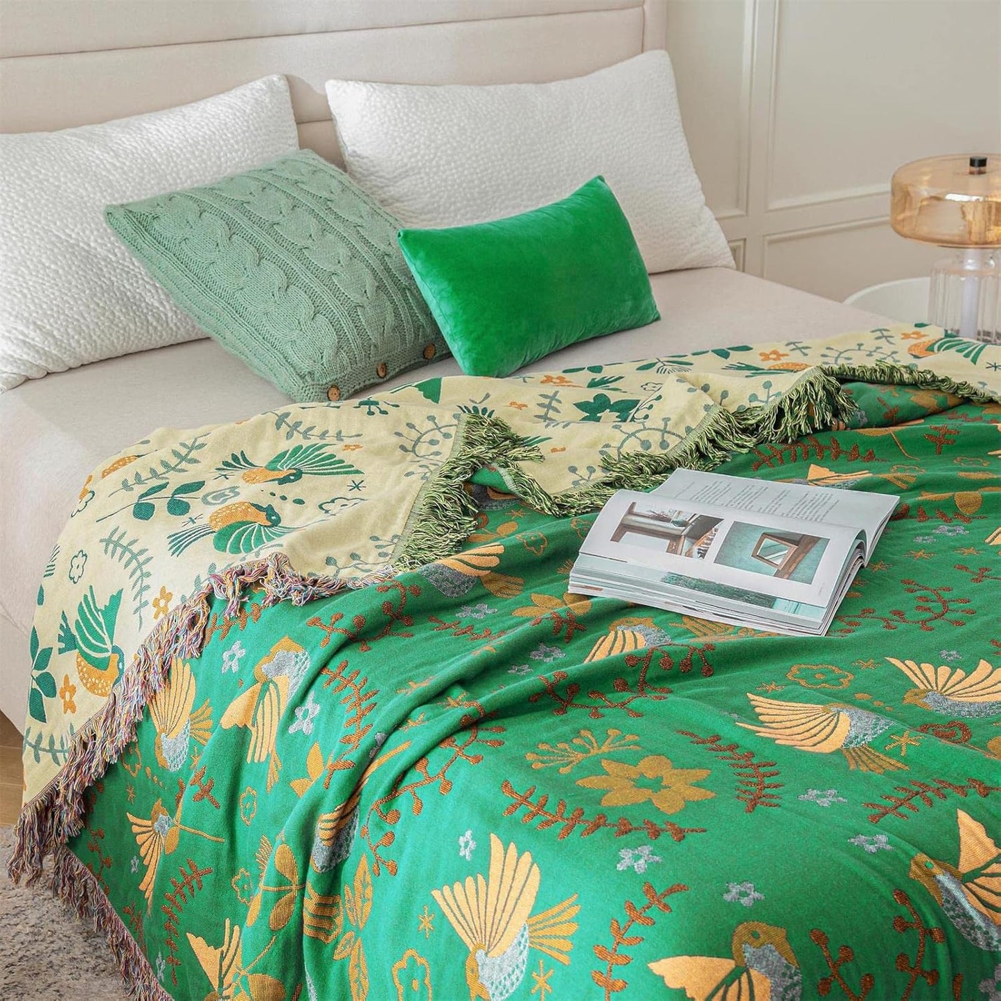 MSGKV Boho Throw Blanket 100% Cotton Green Blanket 90''x 98'' Double Sided Knit Blankets with Tassels Reversible Warm Soft Blanket Throw Blankets for Bed Sofa Living Room