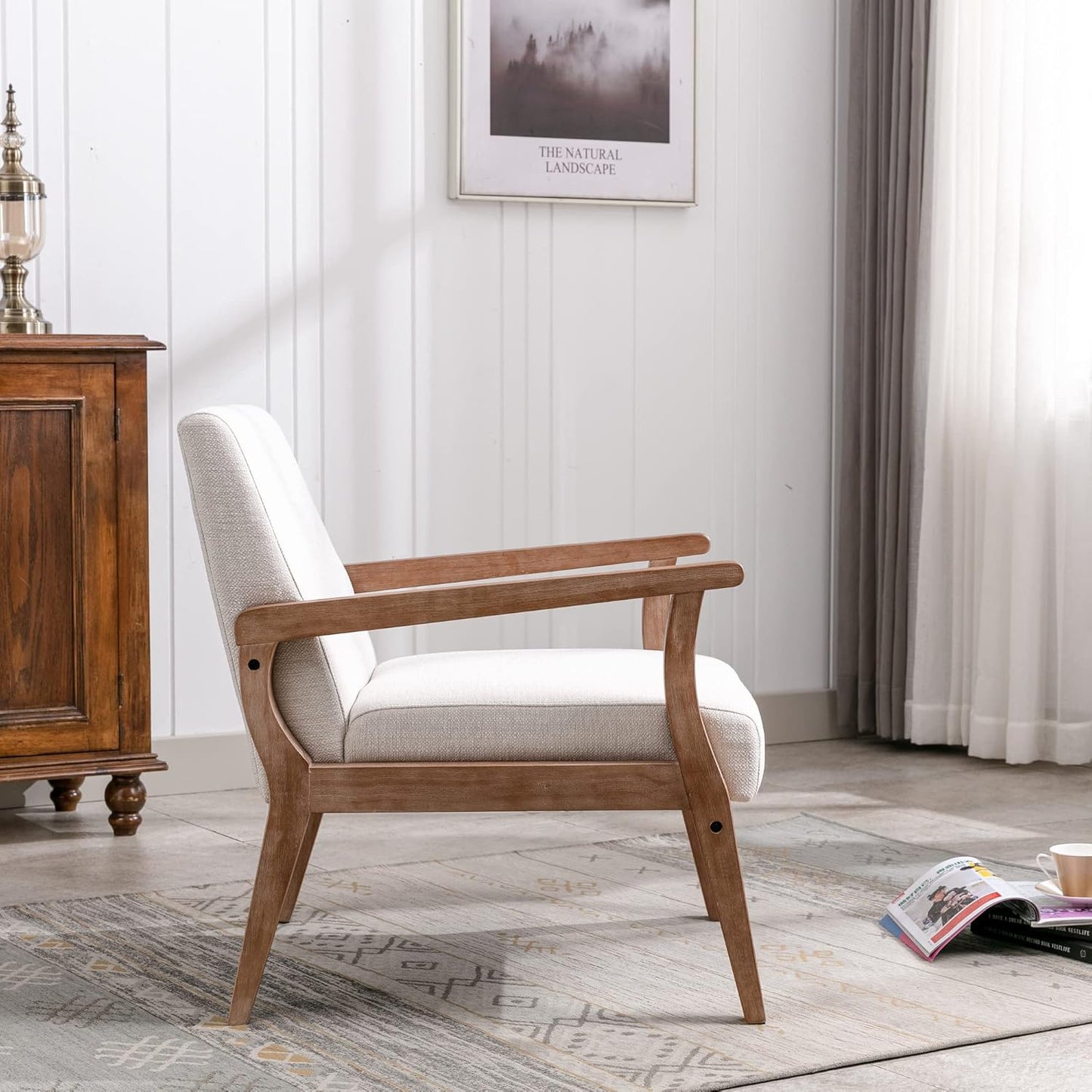 Accent Chair Mid Century Modern Armchair, Linen Upholstered Living Room Accent Armchair with Wood Frame, Farmhouse Chair Indoor Corner Chair for Living Room Bedroom, Ivory