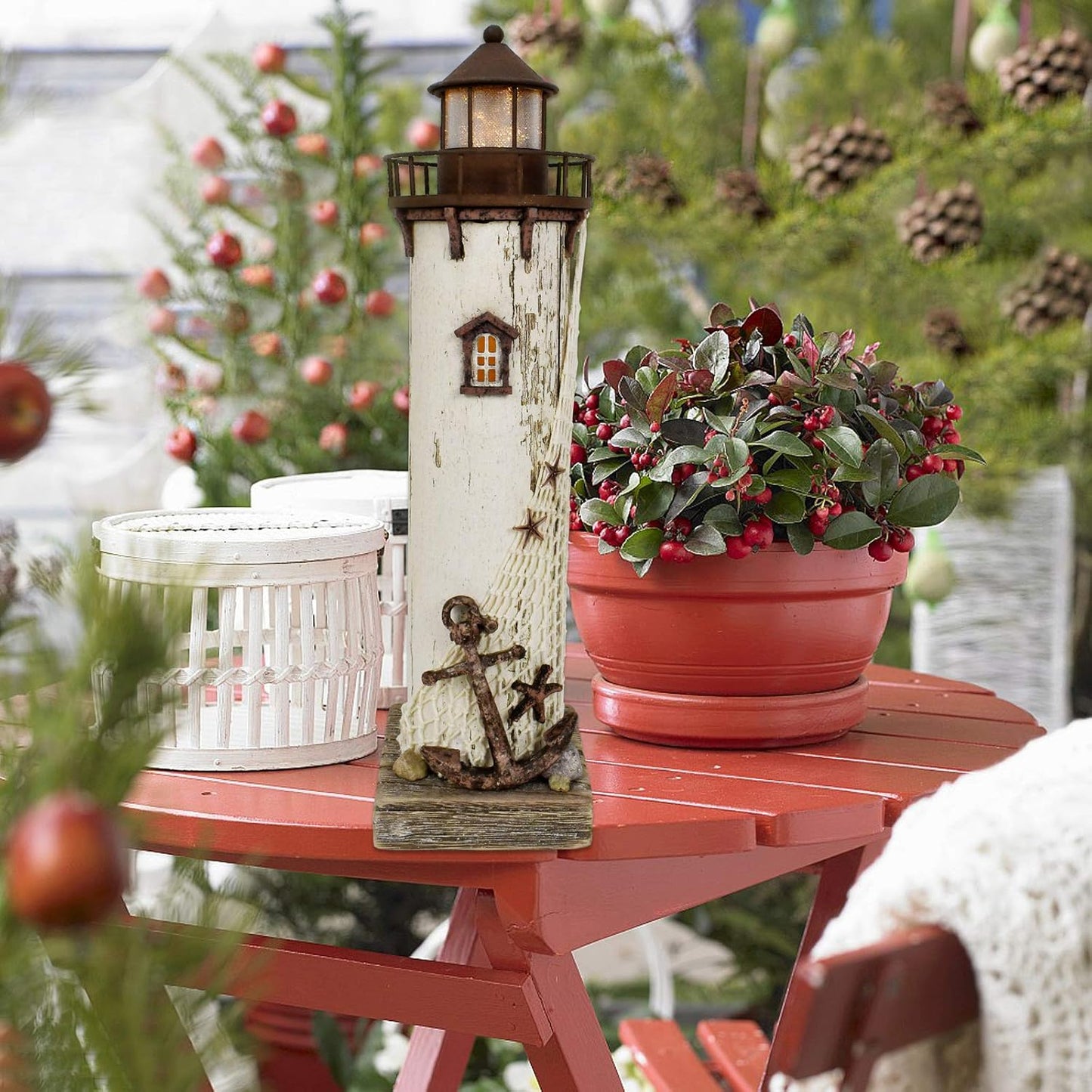 Linfevisi Wood Lighthouse Decor Rustic LED Light House Decor Wooden Decorative Nautical Lighthouse Statue Coastal Beach Themed Lighthouse Handcrafted Tabletop Decoration Home Bathroom (14.75")