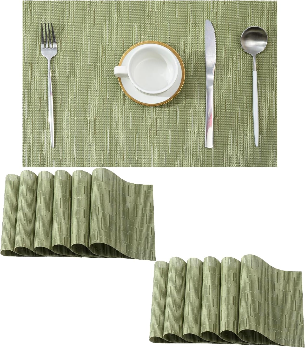 Leetaltree Pea Green Placemats Set of 12 - Heat Resistant Non-Slip Place mats for Dining Table, Washable Durable PVC Vinyl Woven Table Mats（Pea Green, 12）
