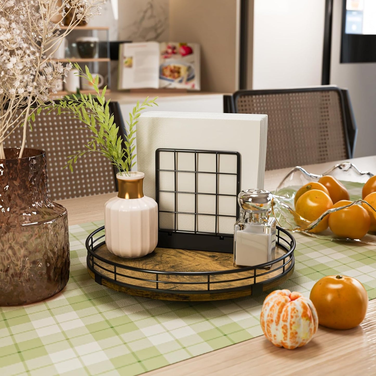 Lazy Susan Turntable Organizer for Table Top, 10’’ Round Wooden Lazy Susan for Cabinet Kitchen Countertop Pantry Dining Coffee Table for Condiments Spices, Rustic Bathroom Vanity Tray for Soap Candle