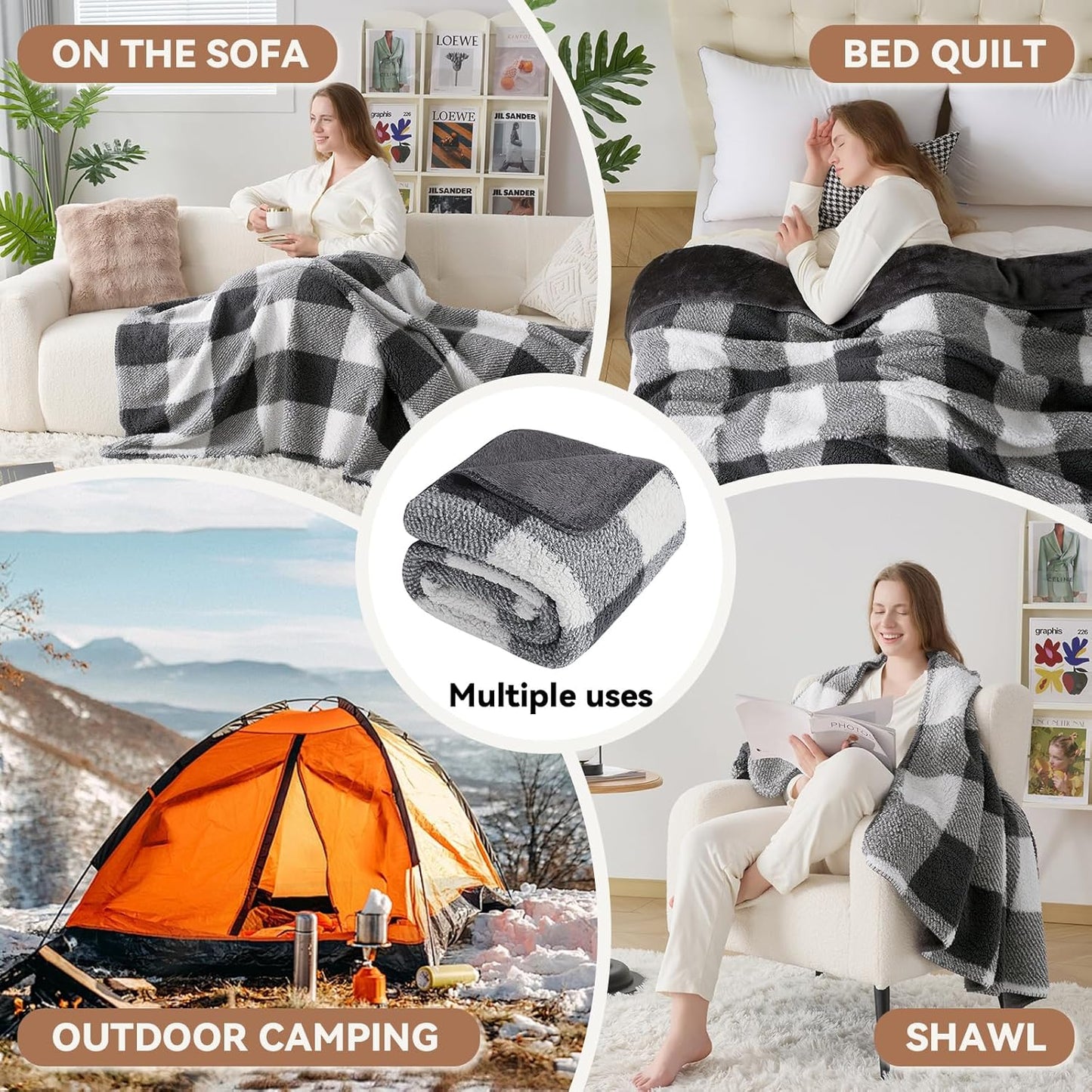 LURKA Checkered Sherpa Fleece Queen-Size Bed Blanket - Extra Thick and Warm Winter Soft Fuzzy Plush Blanket for Couches, Beds & Pets, Smoke Grey, 90x90 Inches