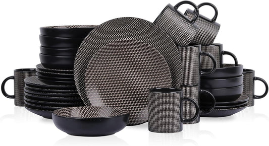 Stone Lain Daisy Stoneware 32-piece Round Dinnerware Set, Brown and Black