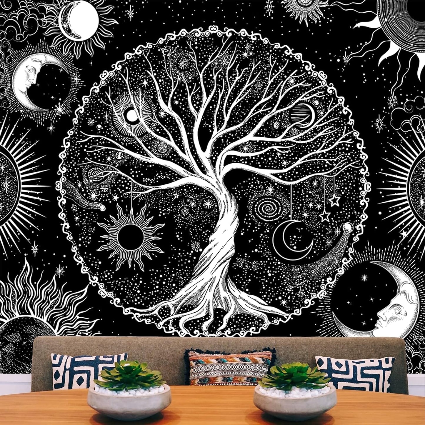 AACKart Tree of Life Tapestry for Bedroom Aesthetic Room Decor-Black and White Spiritual Tree Tapestry Wall Hanging with Sun Moon Star 59.1 x 51.2 inches