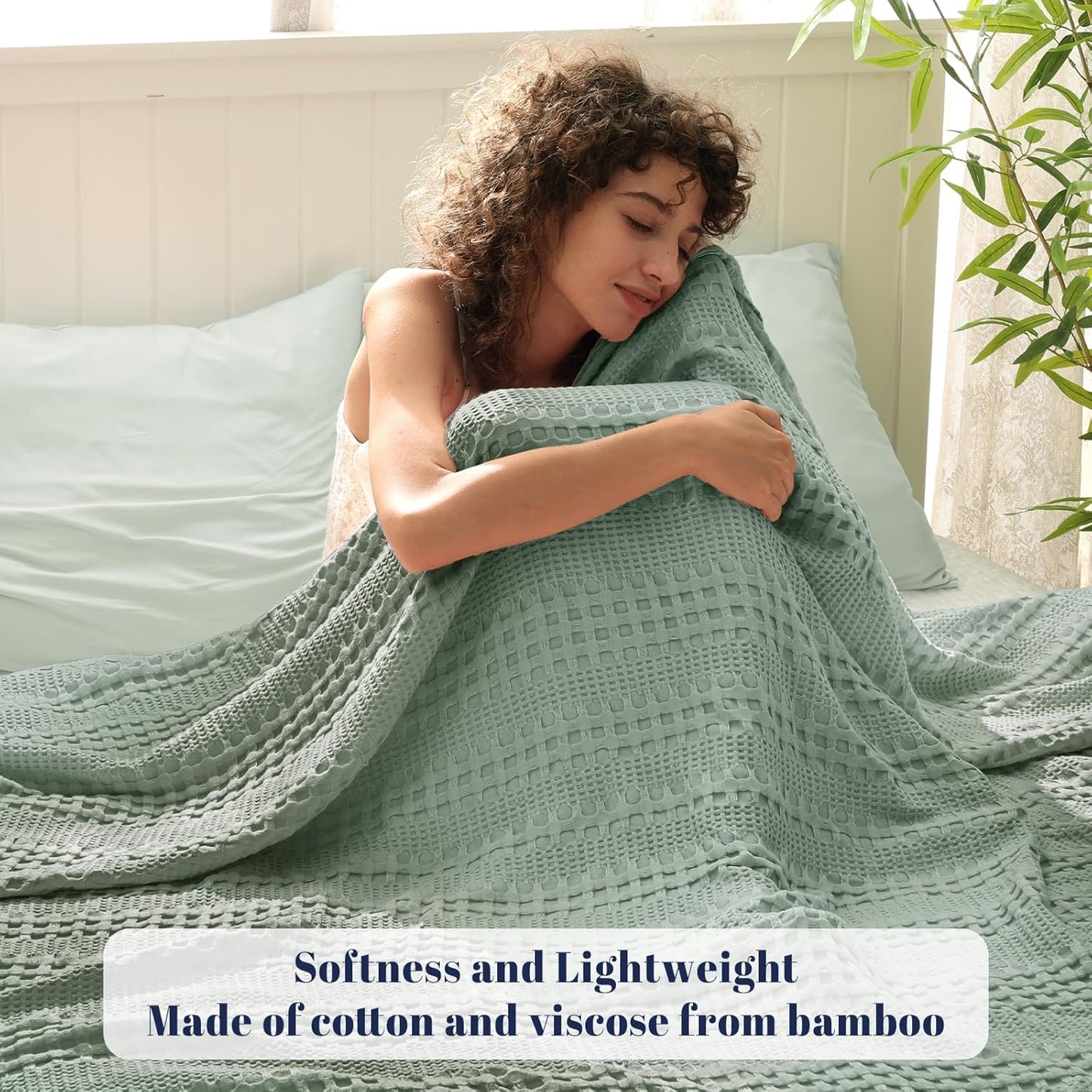 PHF Cooling Waffle Blanket Queen Size, Lightweight 60% Rayon Derived from Bamboo & 40% Cotton Breathable Blanket for Hot Sleepers, Soft and Luxury for Bed Couch and Sofa, 90"x90", Sage Green