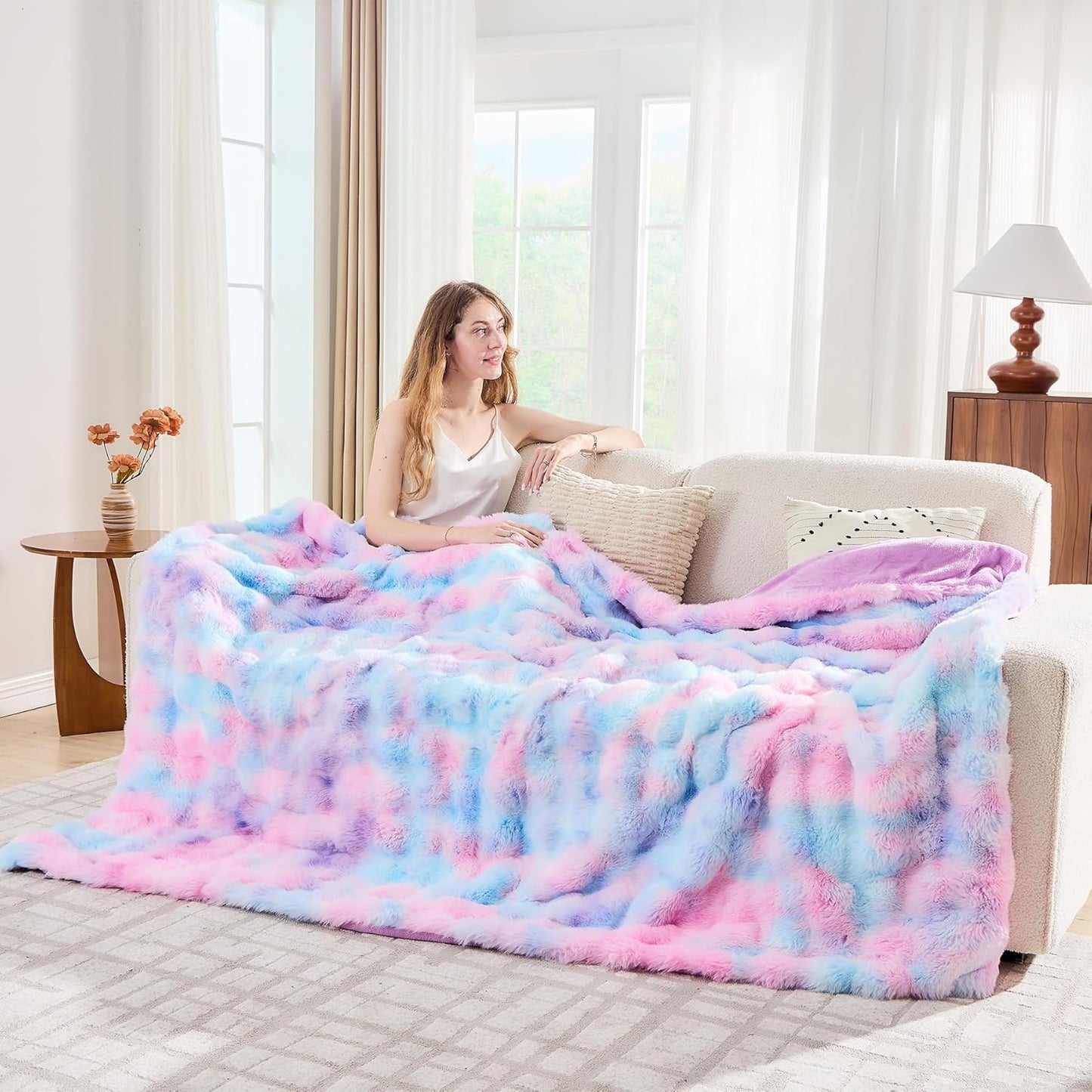 Lotus Karen Faux Fur Throw Blanket Tie-Dye Purple Rainbow - Big Bubble Rabbit Fluff Blanket for Couch, Large Fluffy Fuzzy Cozy Blanket,Thick Furry Plush Shaggy Blankets,90x90 Inches