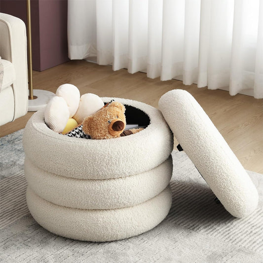 ONEVOG 20" Round Storage Ottoman with Removable Lid, Off-White Boucle Fabric Footrest Pouf, Sherpa Tufted Small Coffee Table Vanity Ottoman Foot Stools for Living Room Couch, Bedroom, Dorm, Nursery