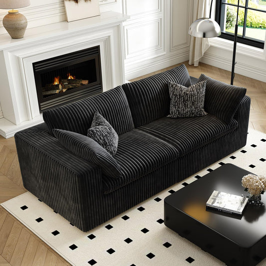 LoveSeat Cloud Couch Modular Sectional Sofa for Living Room,Modern Sofa with Deep Seat，2 Seater Boneless Couch,Comfy Upholstered Corduroy Couches for Apartment, Studio, Office,Bedroom，Black