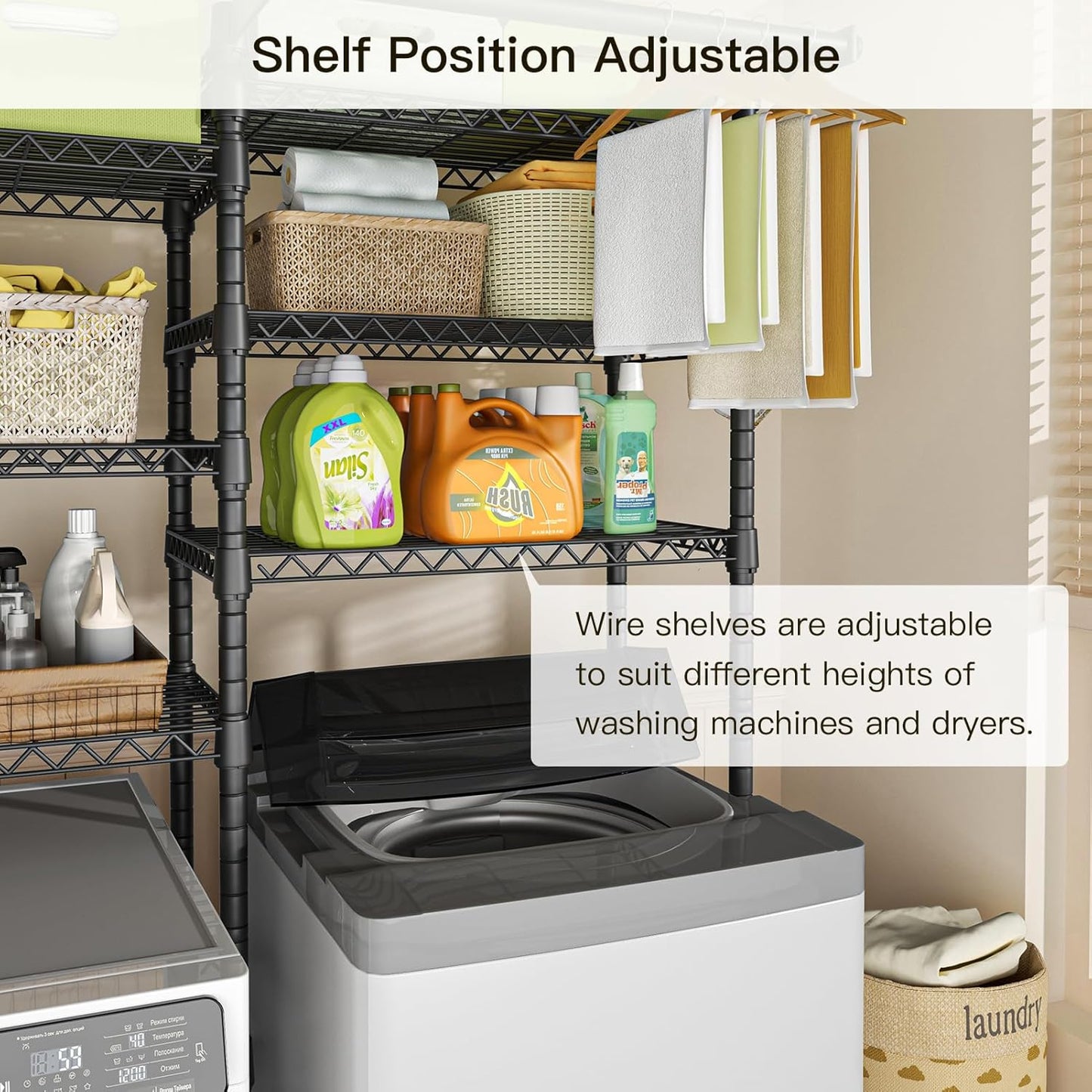 Ulif U13 Over Washer and Dryer Storage Shelves, 6 Tiers Laundry Room Standing Shelf with 2 Hanger Rods, Space Saver Clothes Drying Rack, 63.4" W x 22" D x 77.4" H, Black