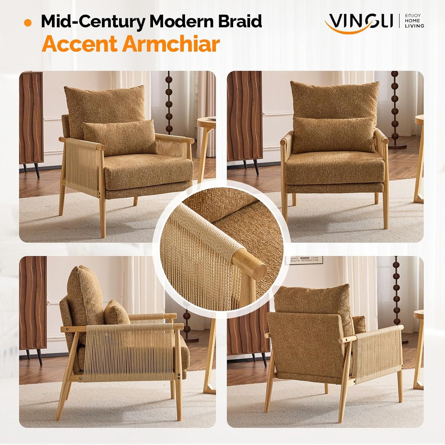VINGLI Boho Braid Accent Armchair,Mid-Century Modern Chiar with Solid Wooden Armrest,Comfy Louge Cushion Chair with Waist Pillow for Bedroom,Living Room,Reading Room, Khaki