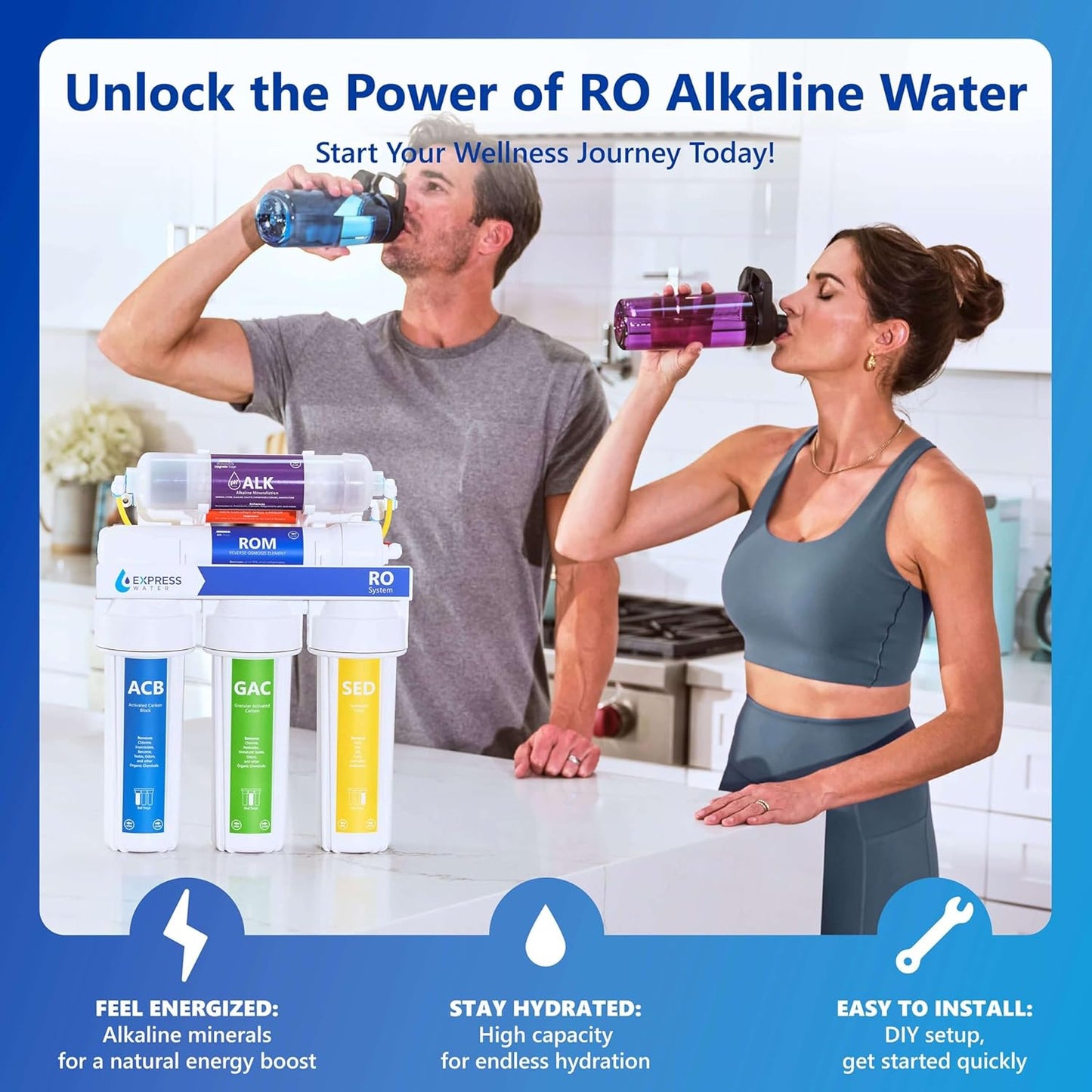 Express Water Reverse Osmosis Alkaline Water Filtration System – 10 Stage RO Water Filter with Faucet and Tank – Under Sink Water Filter with Alkaline Filter for Added Essential Minerals – 50 GPD