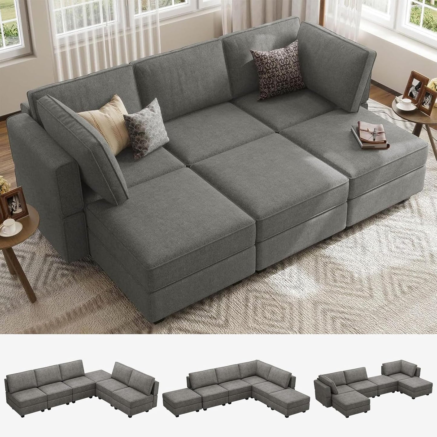 Belffin Terry Fabric Modular Sectional Sleeper Sofa Bed with Storage Convertible Sectional Couches for Living Room 6 Seaters Light Grey Modular Sofa