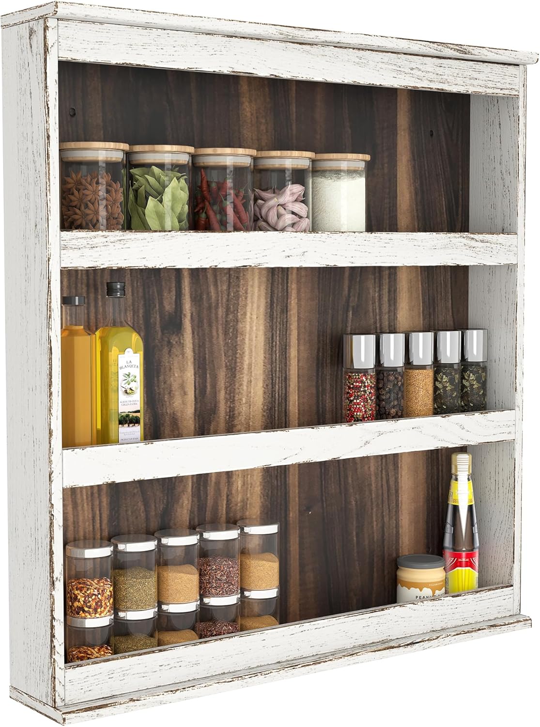 Nisorpa 3 Tier Spice Rack Wall Mount, Rustic Burnt Wood Wall Hanging Spice Rack Kitchen Spice Shelf Organizer for Seasoning Jars or Condiment Bottles, 19.68 x 3.35 x 21.25 Inches
