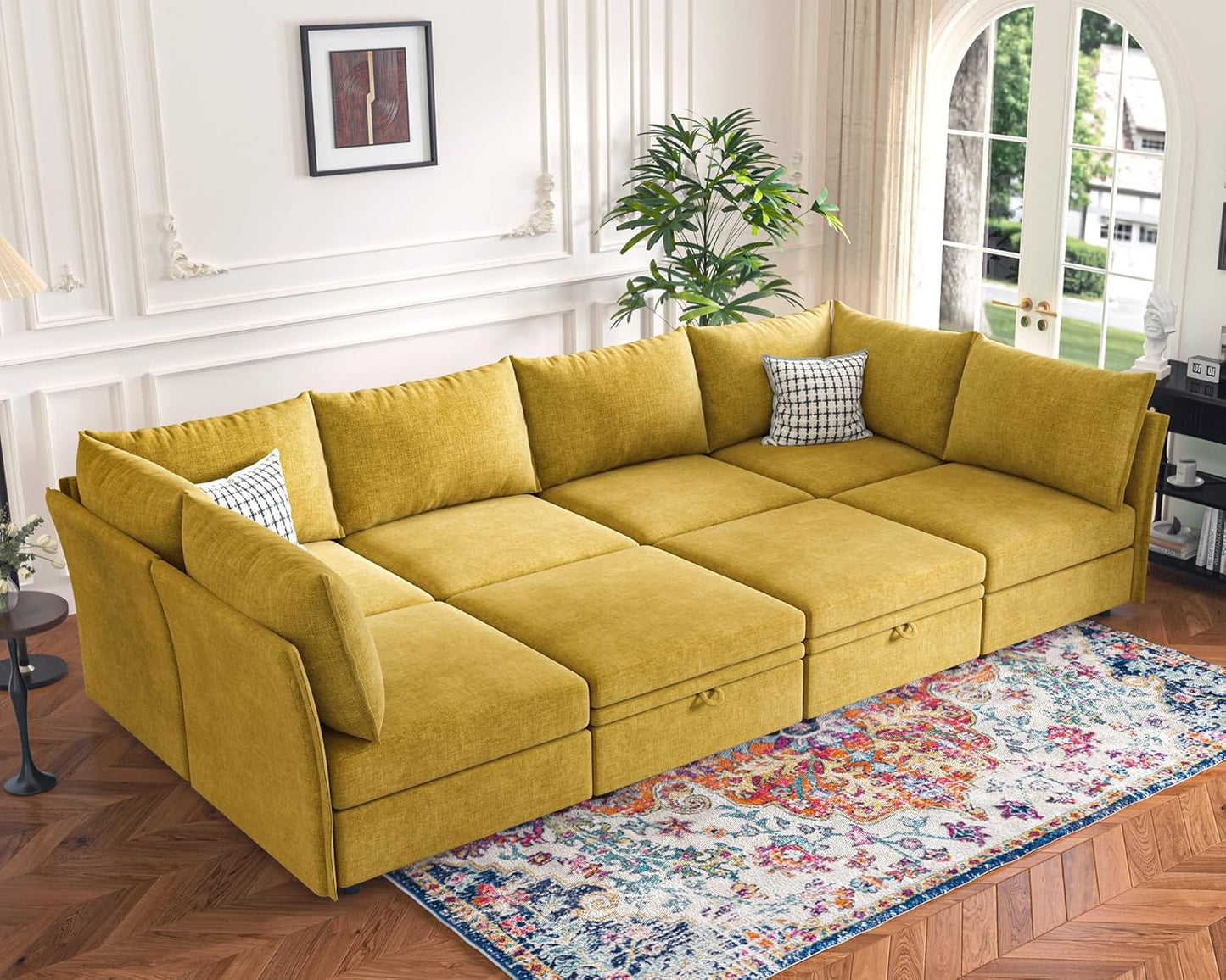 136.4" Oversized Modular Sectional Sleeper Sofa Bed, U Shaped Convertible Couch with Movable Ottoman, Large 8 Seat Corner Couches for Living Room Deep Seat Yellow Chenille