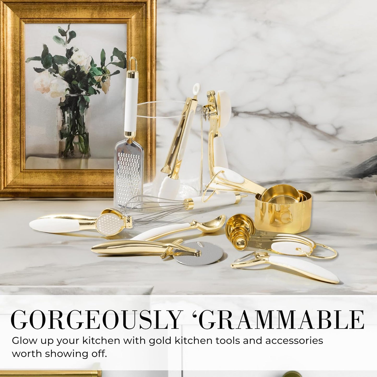 White & Gold Cooking Utensils Set - Luxe 8-Piece Kitchen Gadget Set Includes Can Opener, Tongs and Garlic Press - Stylish White and Gold Kitchen Accessories for Modern Kitchens, Ideal for Gifting