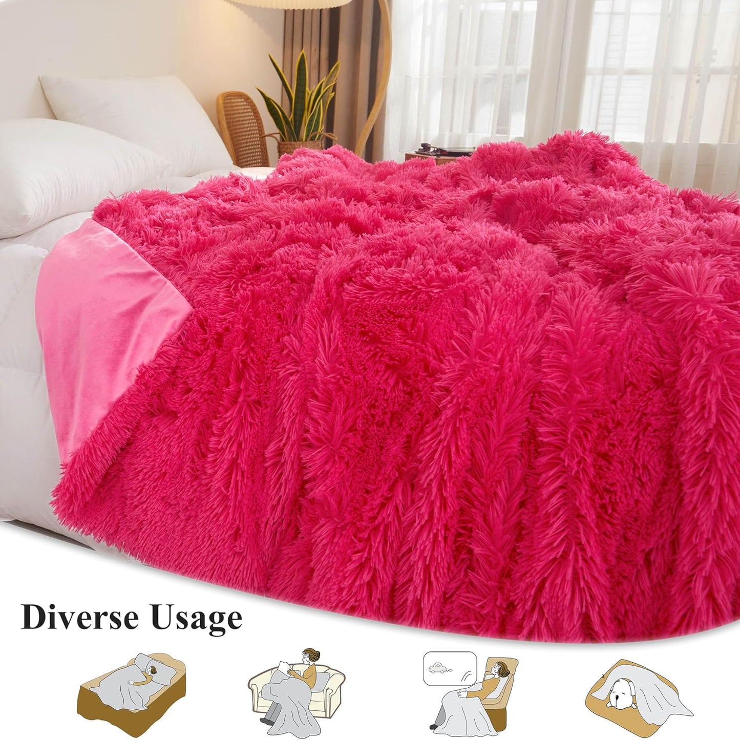 XeGe Luxury Faux Fur Throw, Hot Pink Soft 50x60 Fluffy Blanket, Shaggy Plush Decorative Couch Throw, Cute Furry Fuzzy Office Lap Blanket for Bed Bedroom Living Room, Hot Pink
