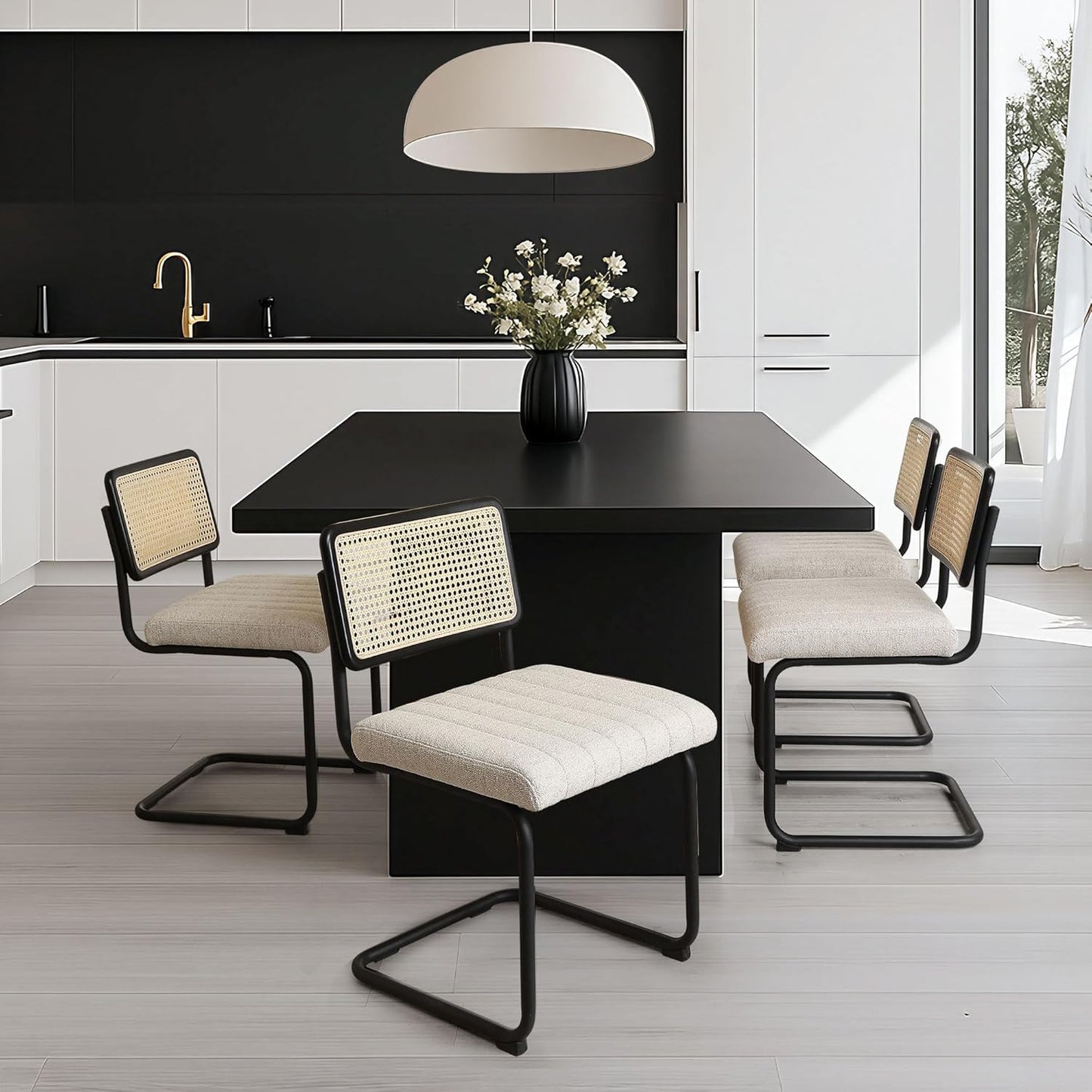 Natural Rattan Dining Chairs Set of 4, Modern Kitchen Chairs with Solid Wood Back, Upholstered Cesca Side Chairs with Comfy Linen Cushion