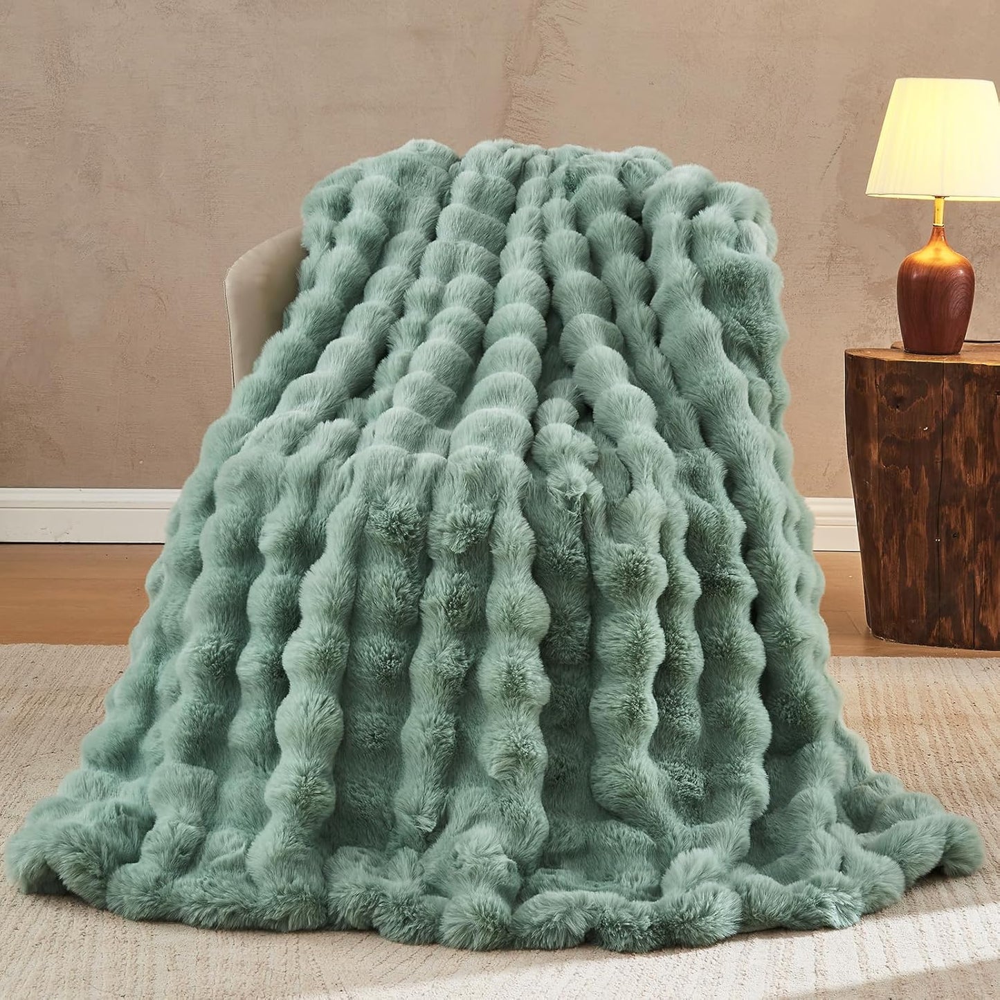 Lotus Karen Faux Fur Throw Blanket Sage Green - Big Bubble Rabbit Fluff Blanket for Couch Bed Sofa,Softest Fluffy Fuzzy Cozy Blanket,Plush Thick Furry Shaggy Warm Blankets for Women,60x80 Inches