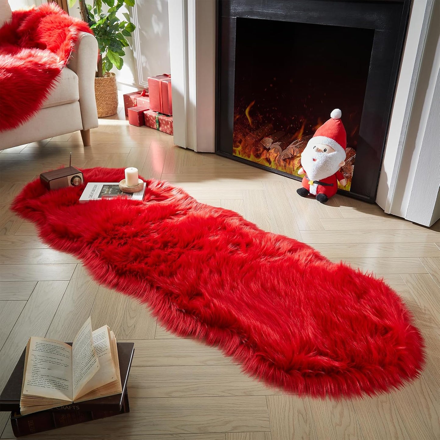 AMTOVO Faux Sheepskin Rug, Red Ultra Soft Fluffy Shag Area Rug, 2 x 6 ft Faux Fur Rug for Bedroom Sofa Throw Cushion Room Decor, Sheepskin