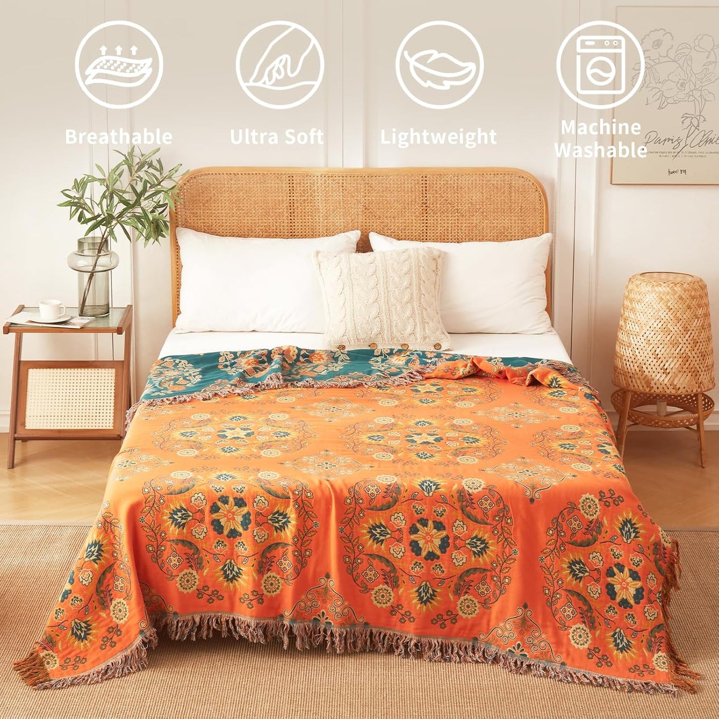 Colorful Throw Blanket Ultra Soft Cotton Orange Decorative Throw All Season Rustic Reversible Bohemian Throw Quilt Farmhouse Decoration(60"x80",04-Garland)
