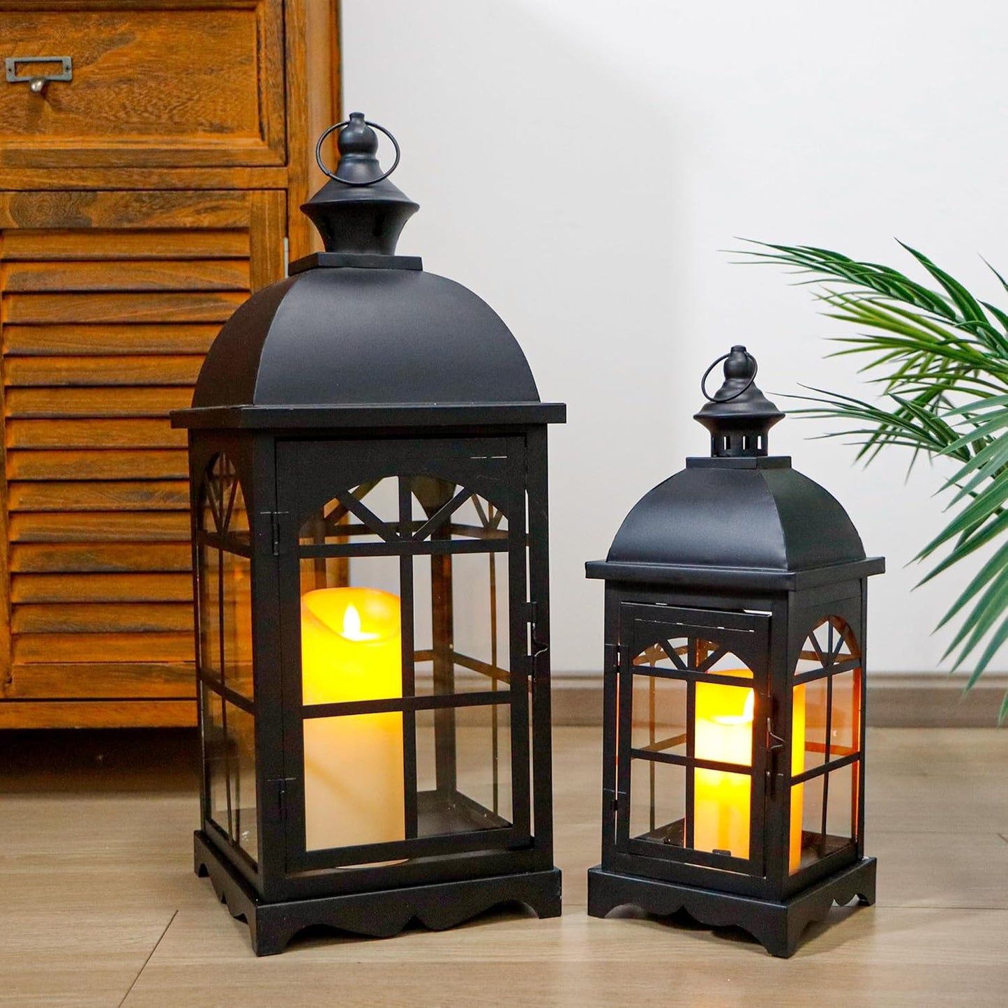 TRIROCKS Set of 2 Decorative Vintage Candle Lanterns 14.5"&20" H Farmhouse Outdoor Hanging Lanterns with Tempered Glass for Porch, Balcony, Patio, Home, Centerpieces, Indoor, Outdoor(Black)
