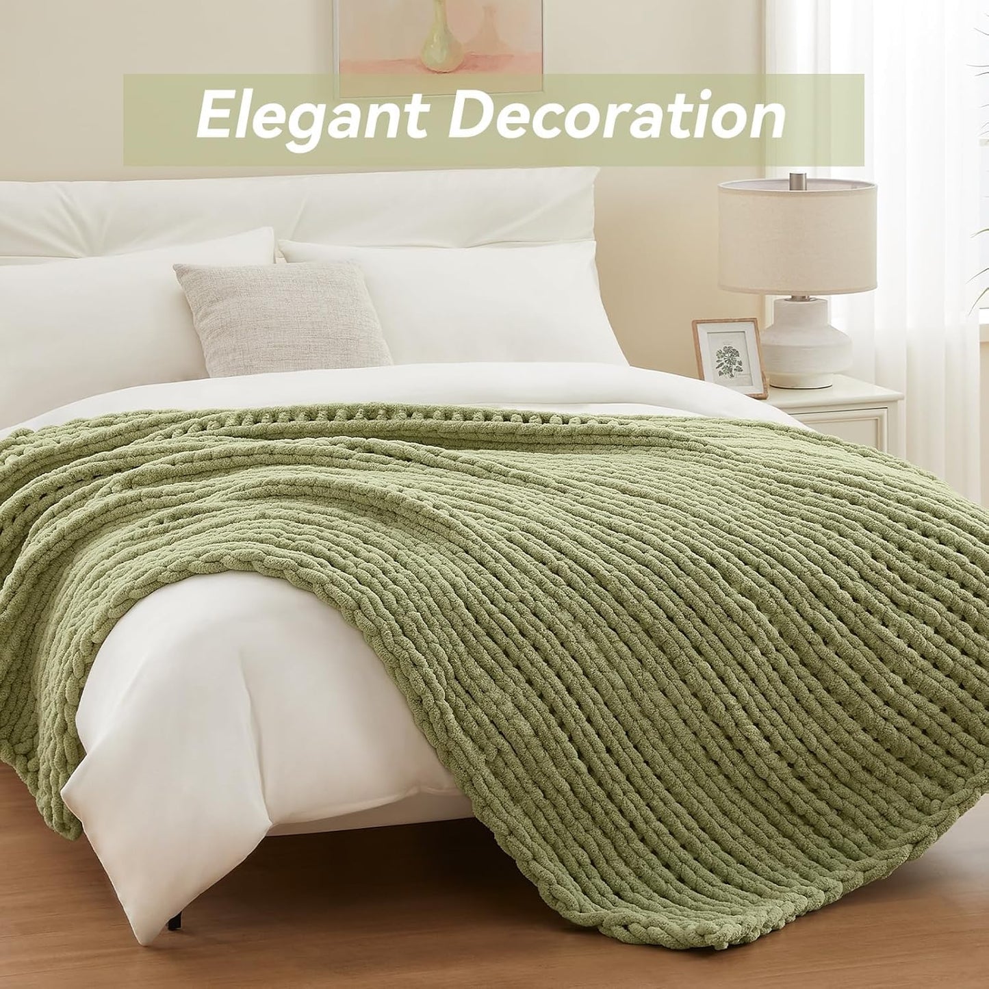 Chunky Knit Throw Blanket, 30''*40'' Knitted Throw Chenille Yarn for Bed Couch, Handmade Light Green Crochet Big Thick Blanket, Machine Washable Cute Comfy Blanket for Home Decor